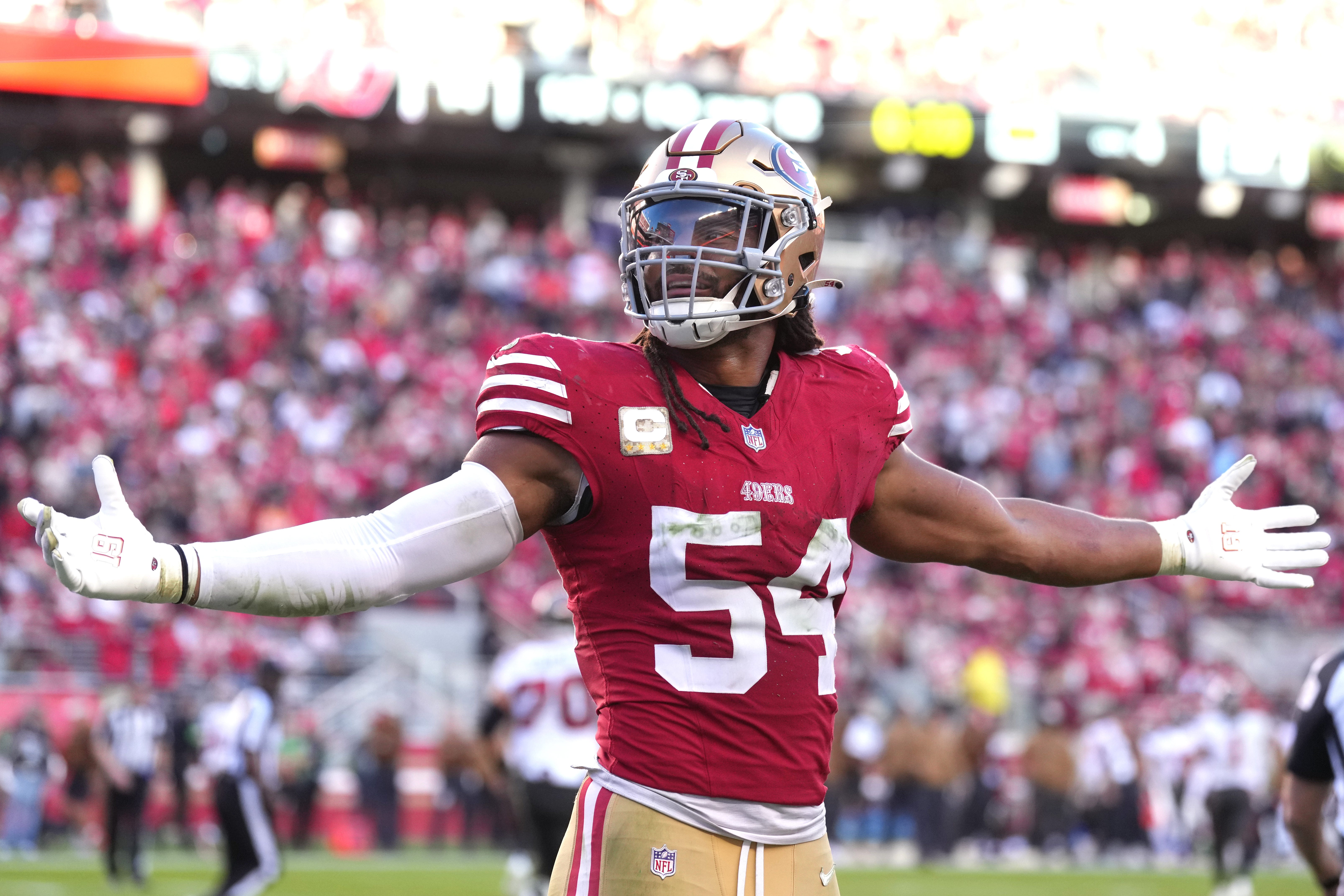 Nov 19, 2023; Santa Clara, California, USA; San Francisco 49ers linebacker Fred Warner (54) gestures after a defensive stop against the Tampa Bay Buccaneers during the fourth quarter at Levi's Stadium.