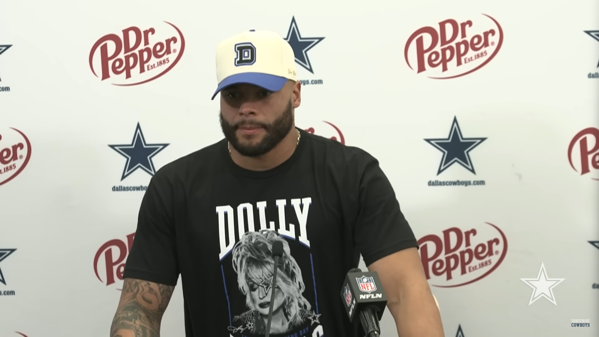 Dallas Cowboys QB Dak Prescott talks to reporters following the team's win over the Carolina Panthers in Week 11.