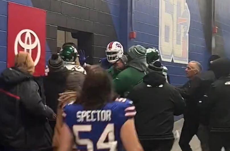 Buffalo Bills players getting into a skirmish with the New York Jets after their victory in Orchard Park, NY in NFL Week 11