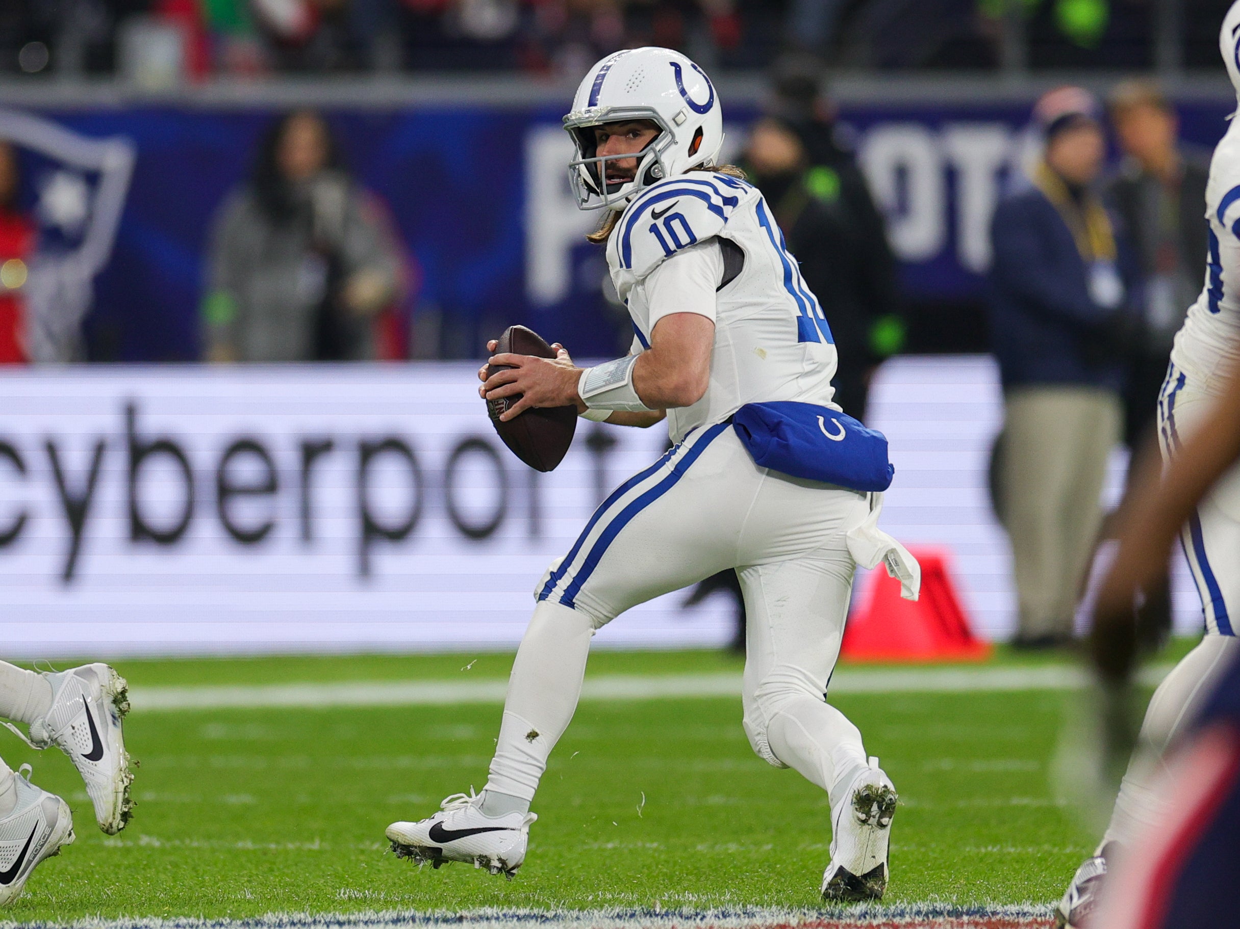 Nov 12, 2023; Frankfurt, Germany; Indianapolis Colts quarterback Gardner Minshew (10) drops back to pass against the New England Patriots in the fourth quarter during an International Series game at Deutsche Bank Park.