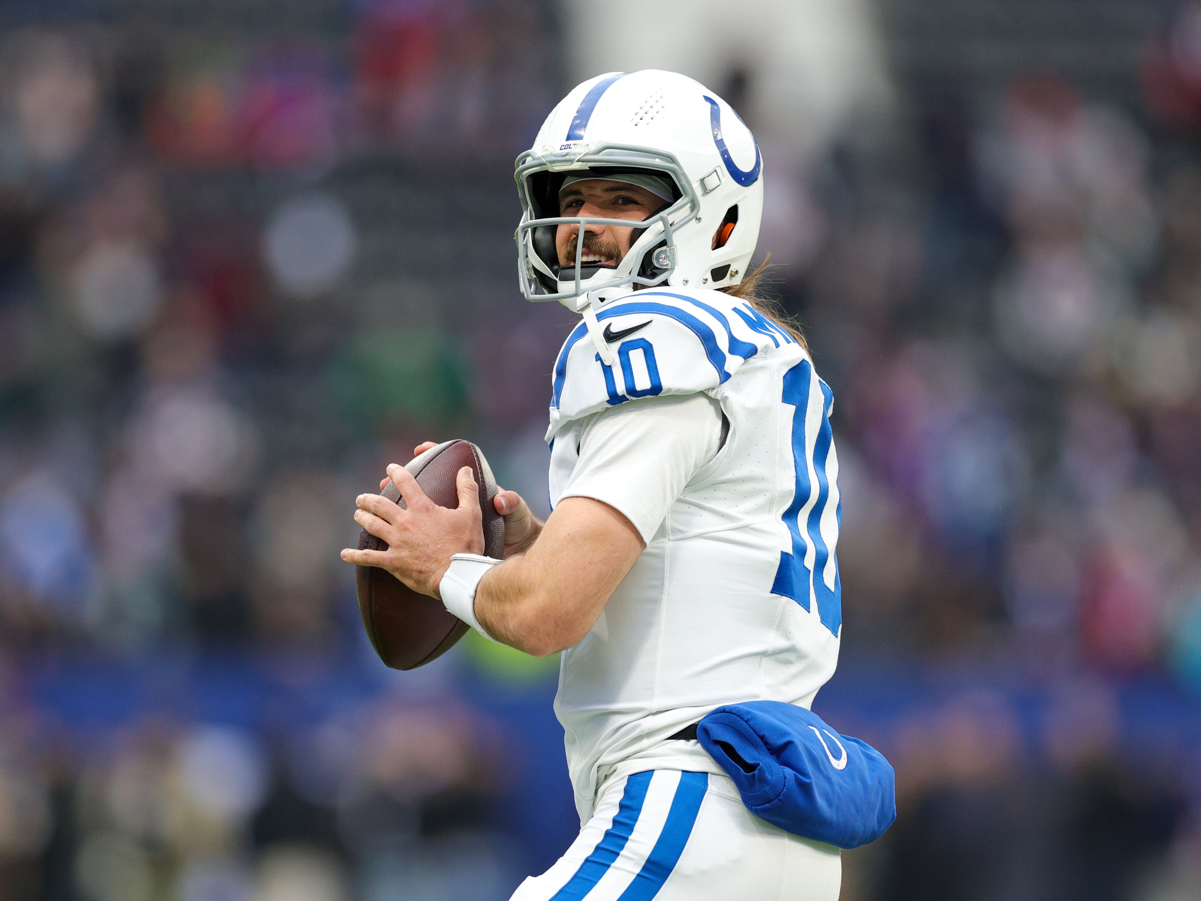 Nov 12, 2023; Frankfurt, Germany; Indianapolis Colts quarterback Gardner Minshew (10) warms up before a game against the New England Patriots during an International Series game at Deutsche Bank Park.