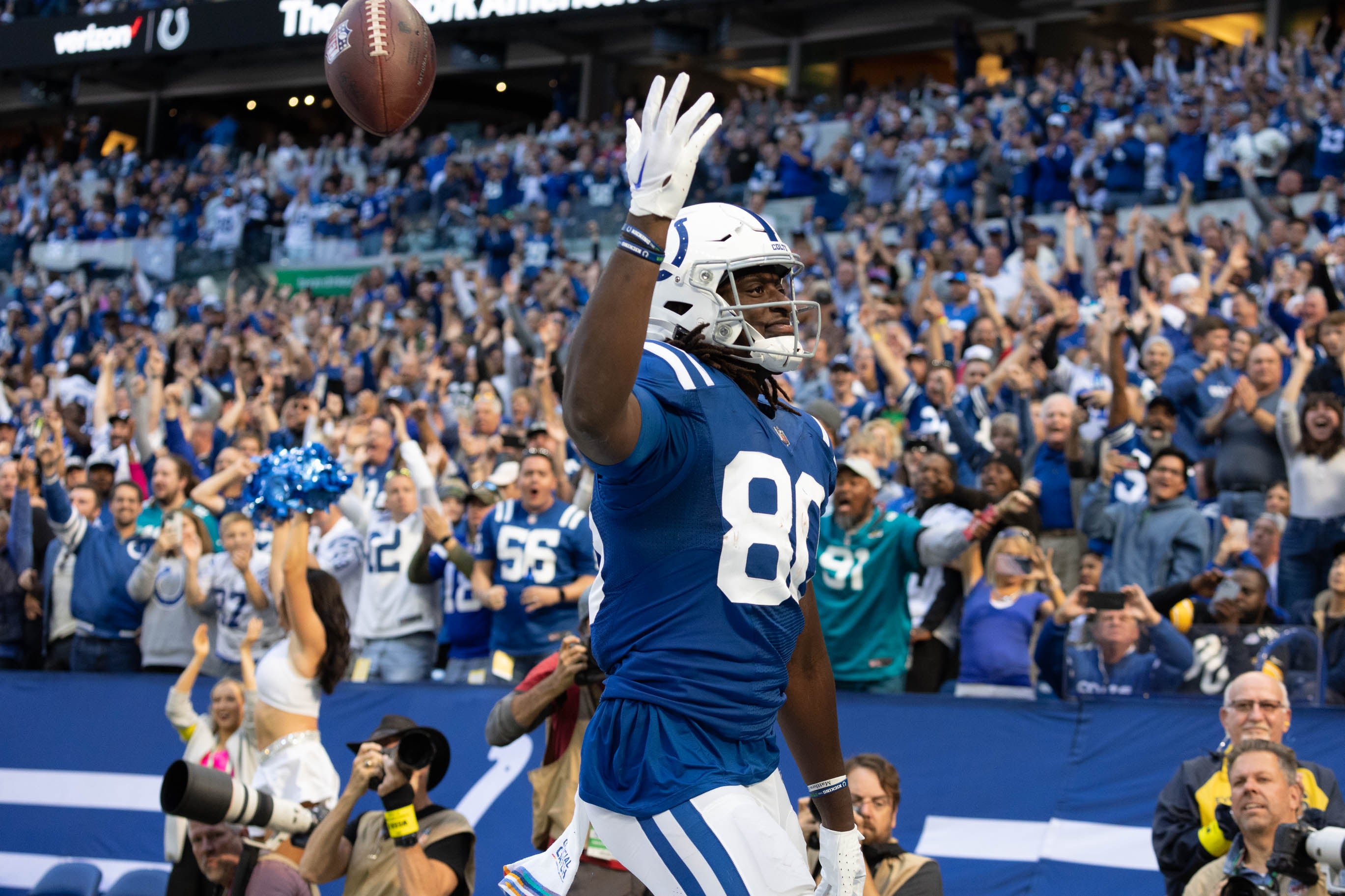Oct 16, 2022; Indianapolis, Indiana, USA; Indianapolis Colts tight end Jelani Woods (80) celebrates his touchdown catch in the second half against the Jacksonville Jaguars at Lucas Oil Stadium.