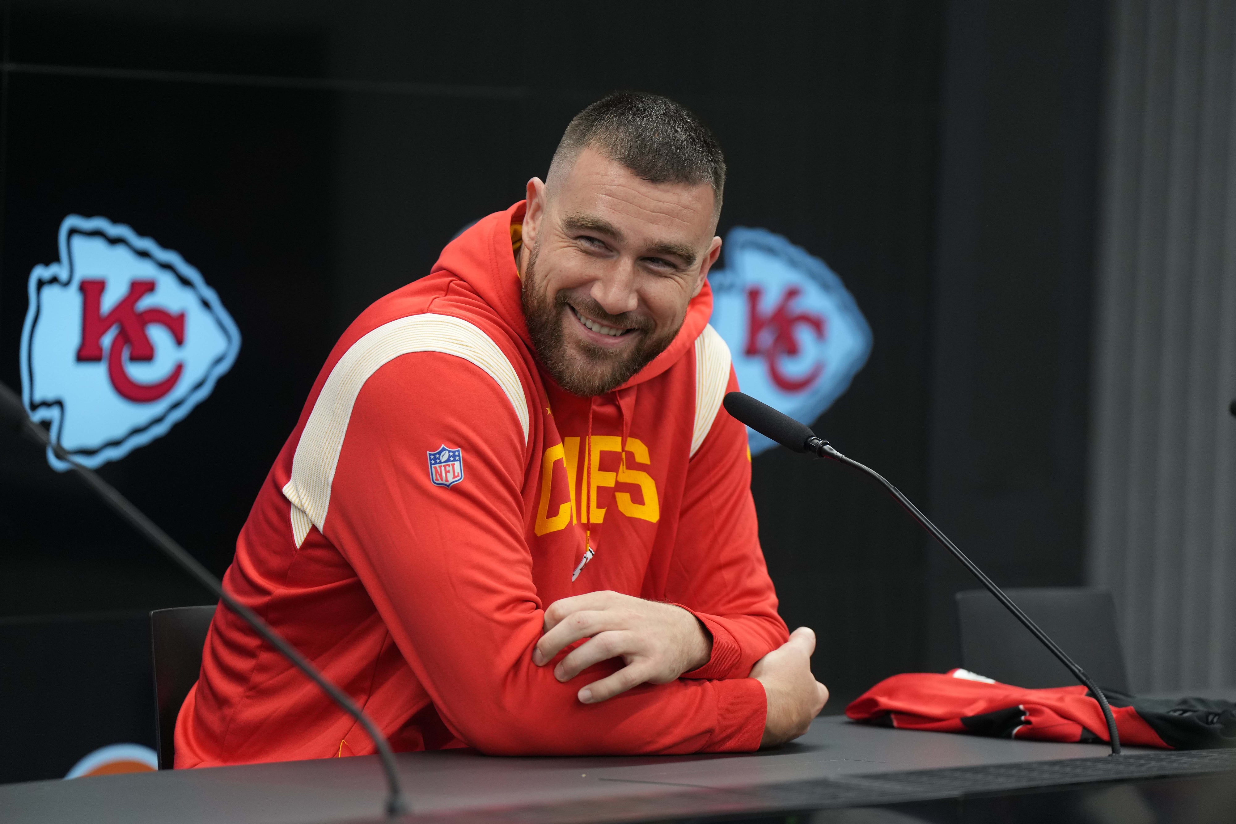 Kansas City Chiefs tight end Travis Kelce at press conference at DFB Campus. Mandatory Credit: Kirby Lee-USA TODAY Sports