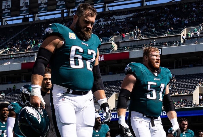 Philadelphia Eagles center Jason Kelce and center Cam Jurgens before action against the Washington Commanders at Lincoln Financial Field.