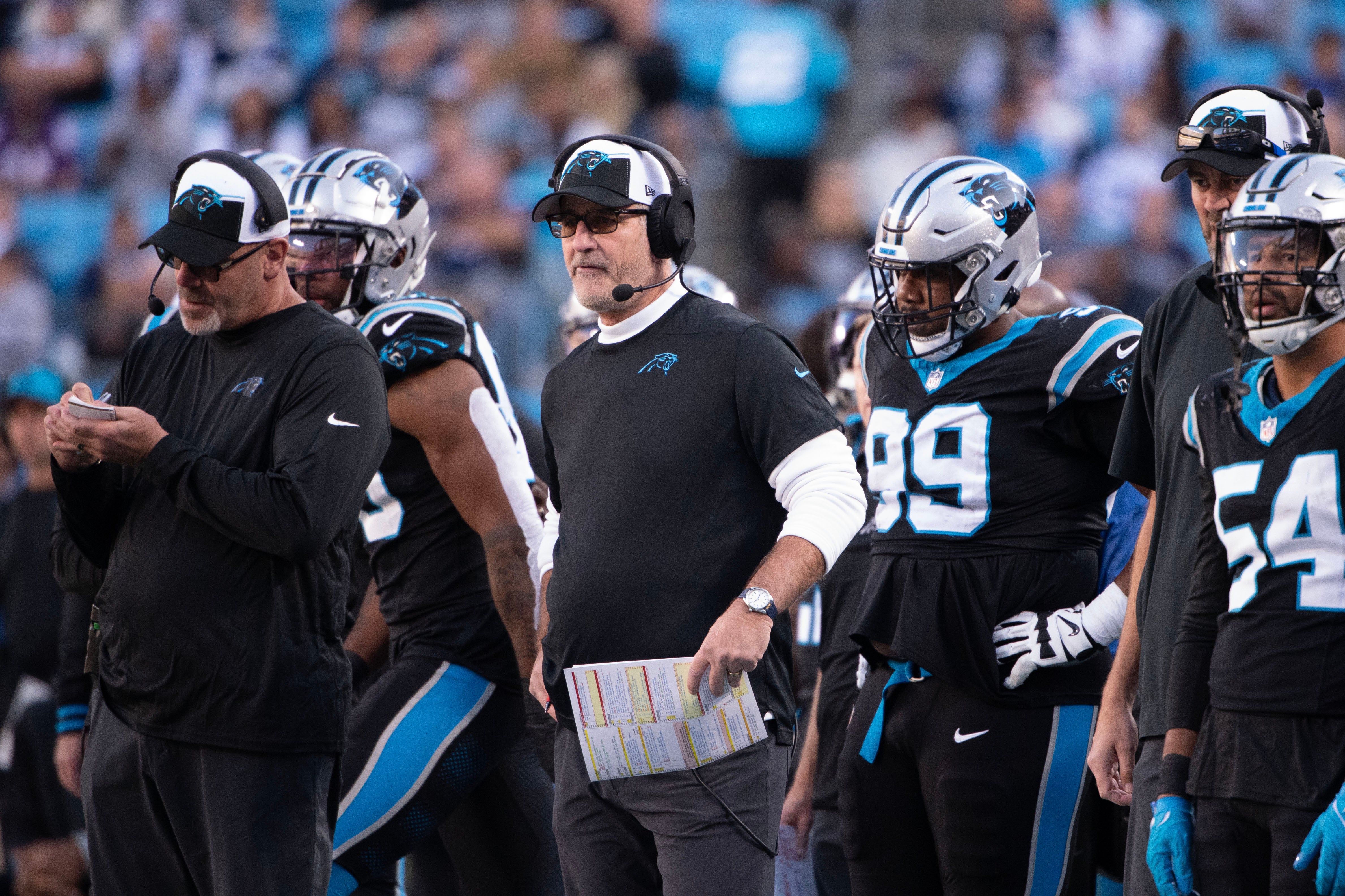 Nov 19, 2023; Charlotte, North Carolina, USA; Carolina Panthers head coach Frank Reich on the sidelines in the fourth quarter at Bank of America Stadium. Mandatory Credit: Bob Donnan-USA TODAY Sports