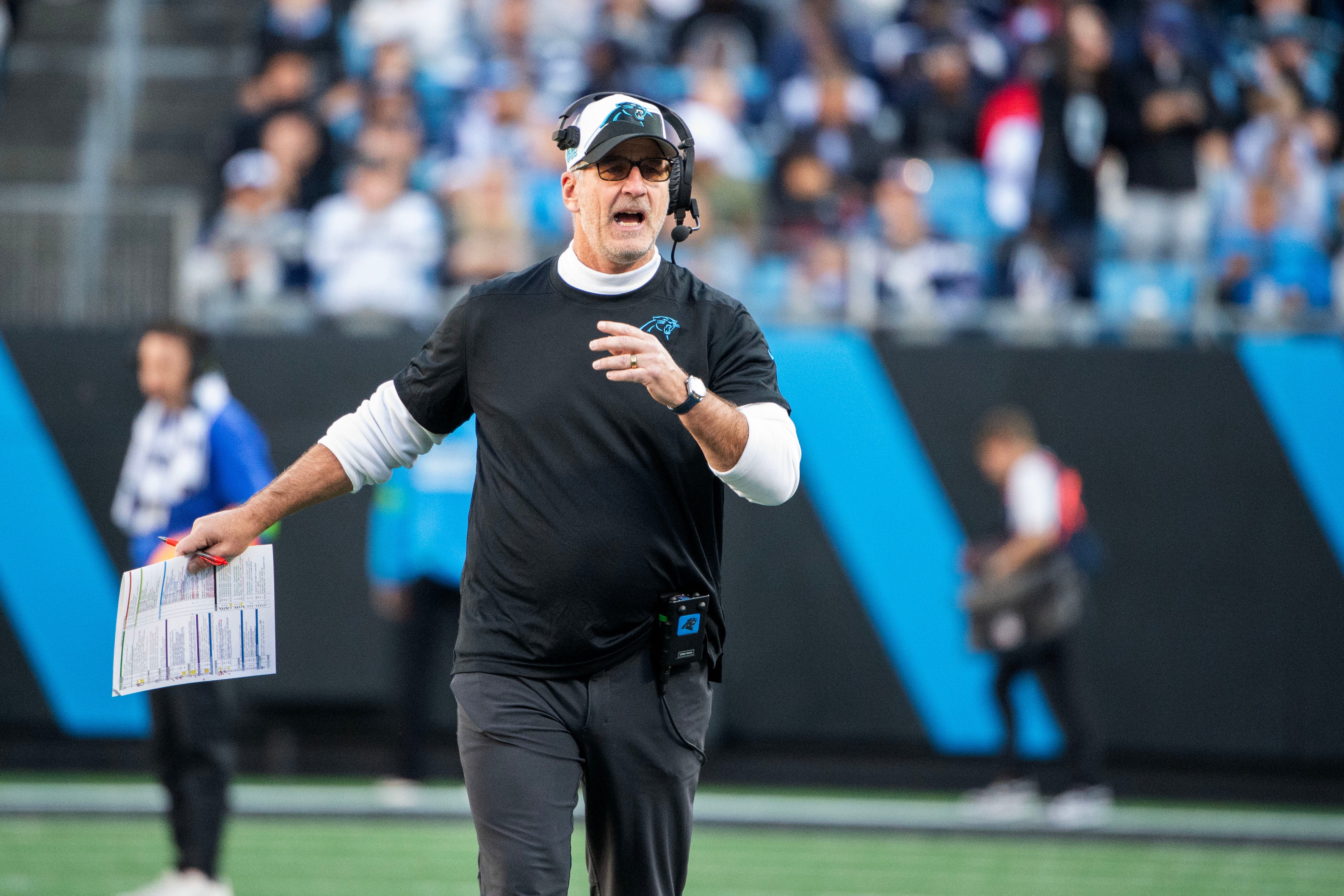 Nov 19, 2023; Charlotte, North Carolina, USA; Carolina Panthers head coach Frank Reich reacts in the third quarter at Bank of America Stadium. Mandatory Credit: Bob Donnan-USA TODAY Sports