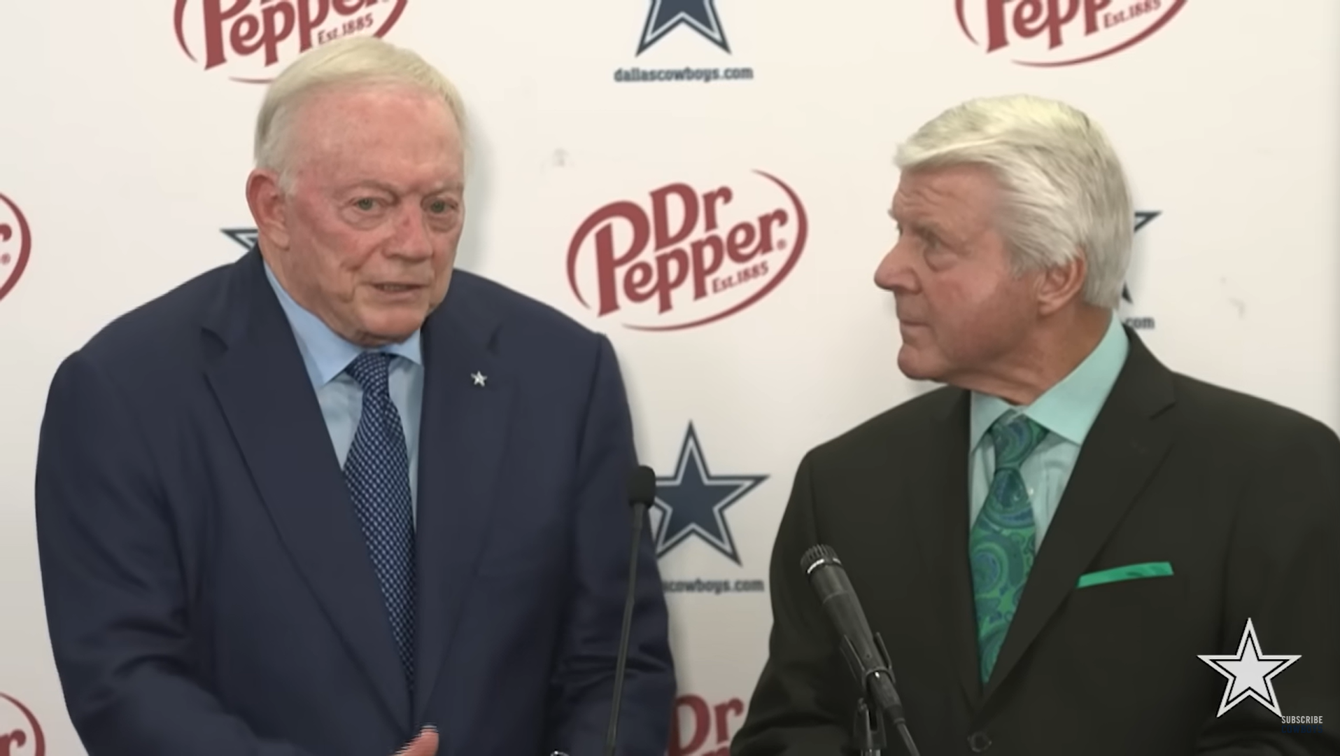Dallas Cowboys owner Jerry Jones and legendary head coach Jimmy Johnson talk to reporters following Ring of Honor announcement.