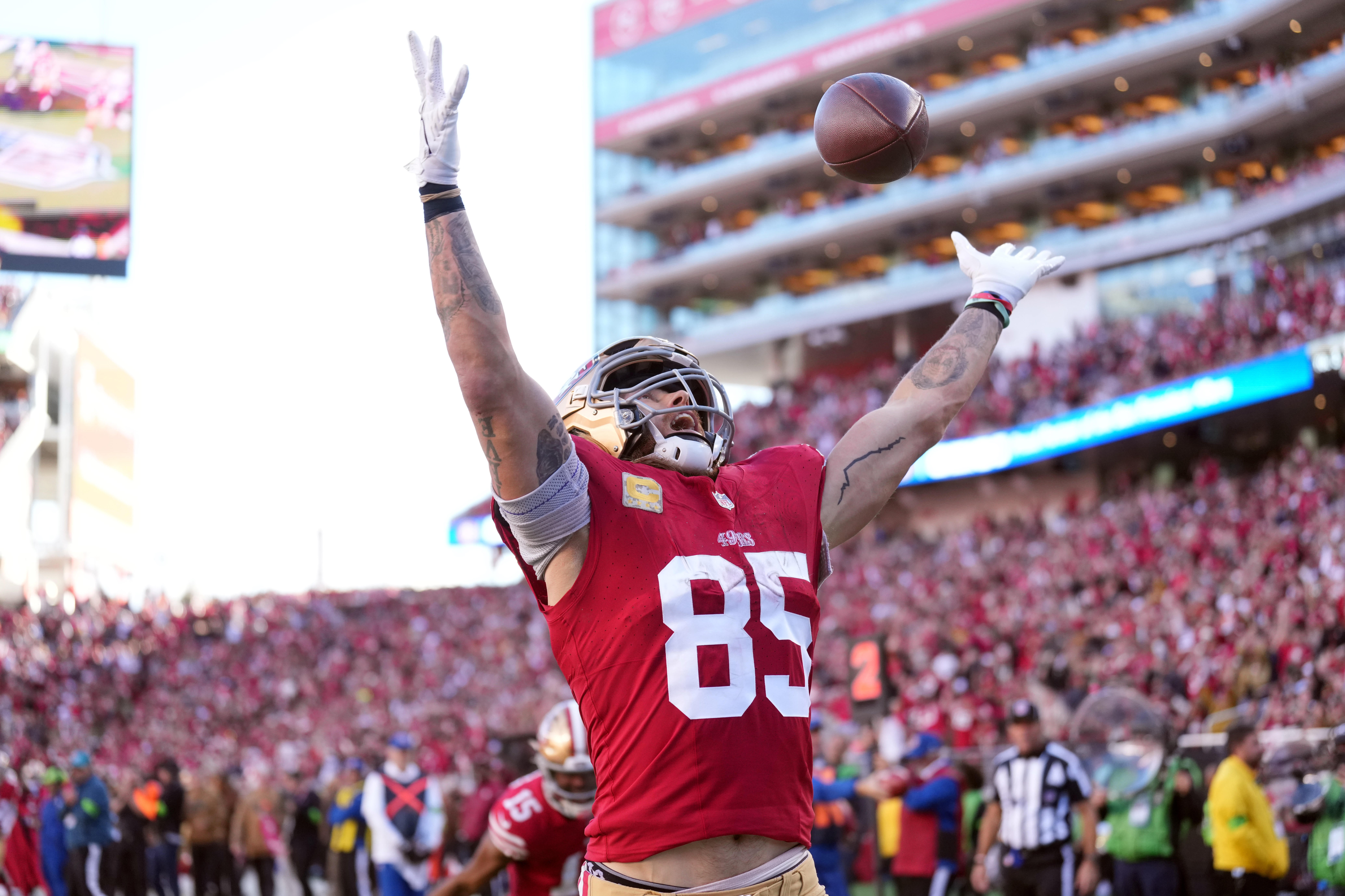 Nov 19, 2023; Santa Clara, California, USA; San Francisco 49ers tight end George Kittle (85) celebrates after scoring a touchdown against the Tampa Bay Buccaneers during the third quarter at Levi's Stadium.