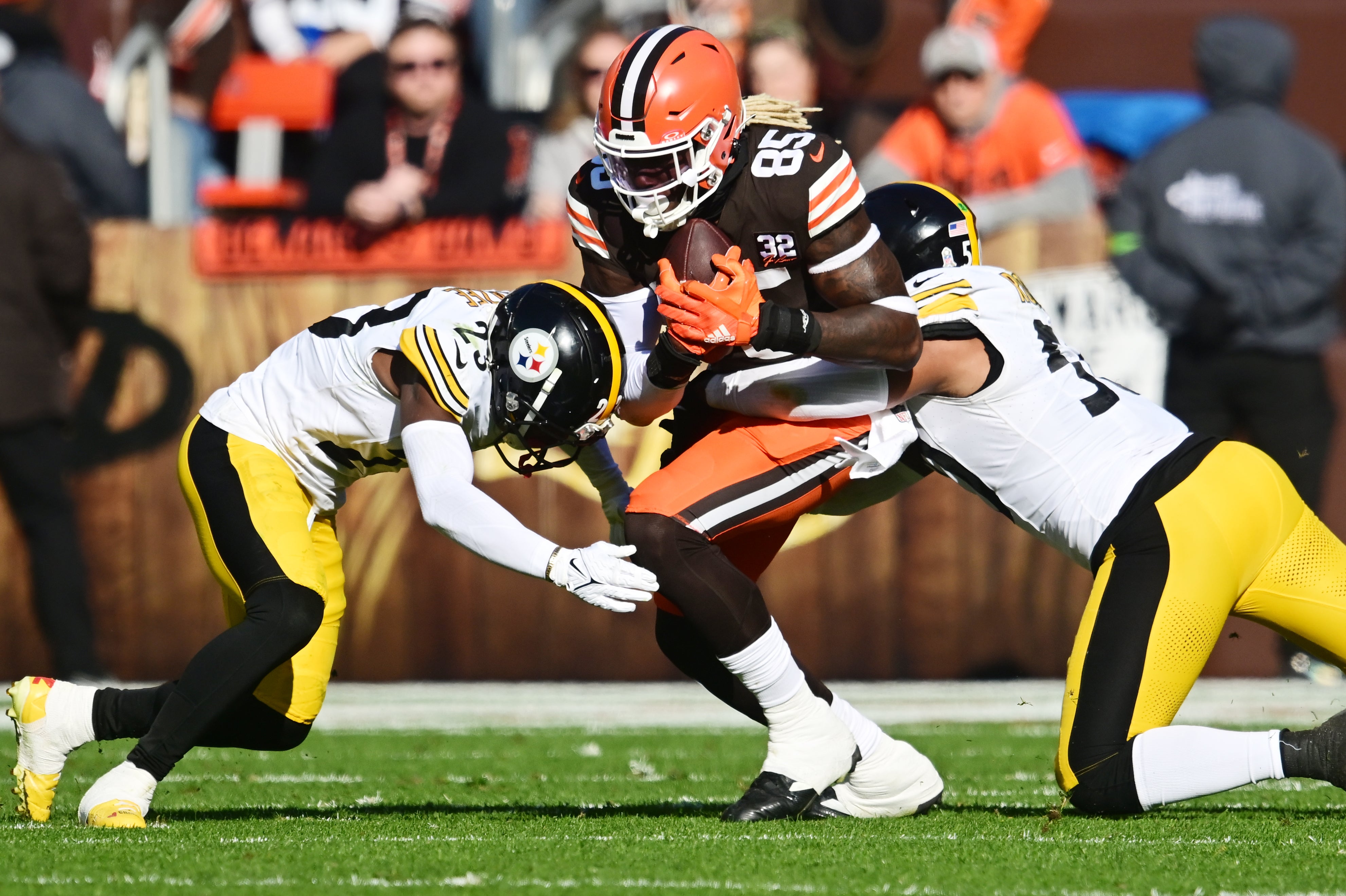 Nov 19, 2023; Cleveland, Ohio, USA; Pittsburgh Steelers safety Damontae Kazee (23) and linebacker Elandon Roberts (50) tackle Cleveland Browns tight end David Njoku (85) during the first half at Cleveland Browns Stadium. Mandatory Credit: Ken Blaze-USA TODAY Sports
