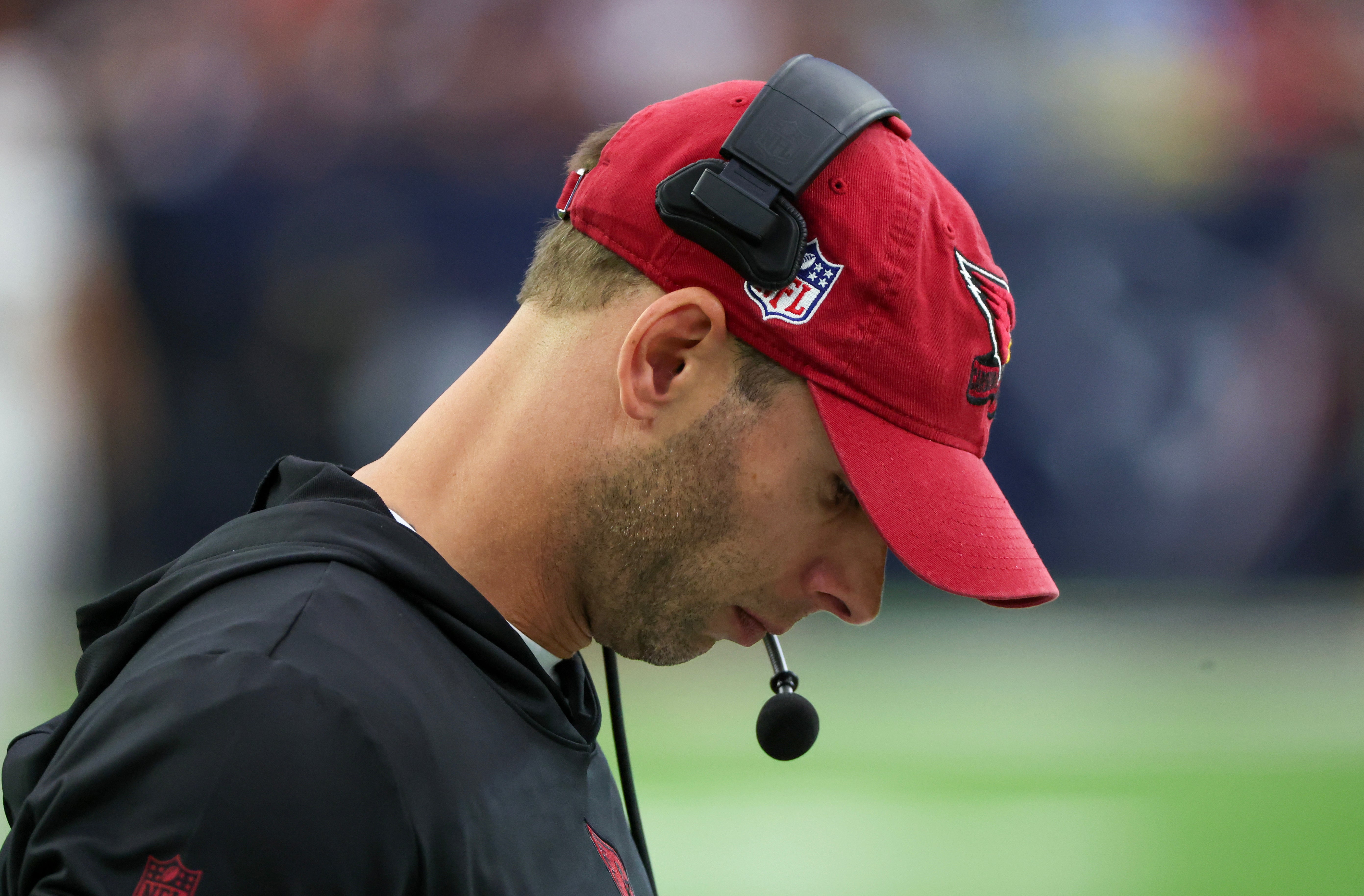 Nov 19, 2023; Houston, Texas, USA; Arizona Cardinals head coach Jonathan Gannon walks the sidelines as he coaches against the Houston Texans in the second half at NRG Stadium.