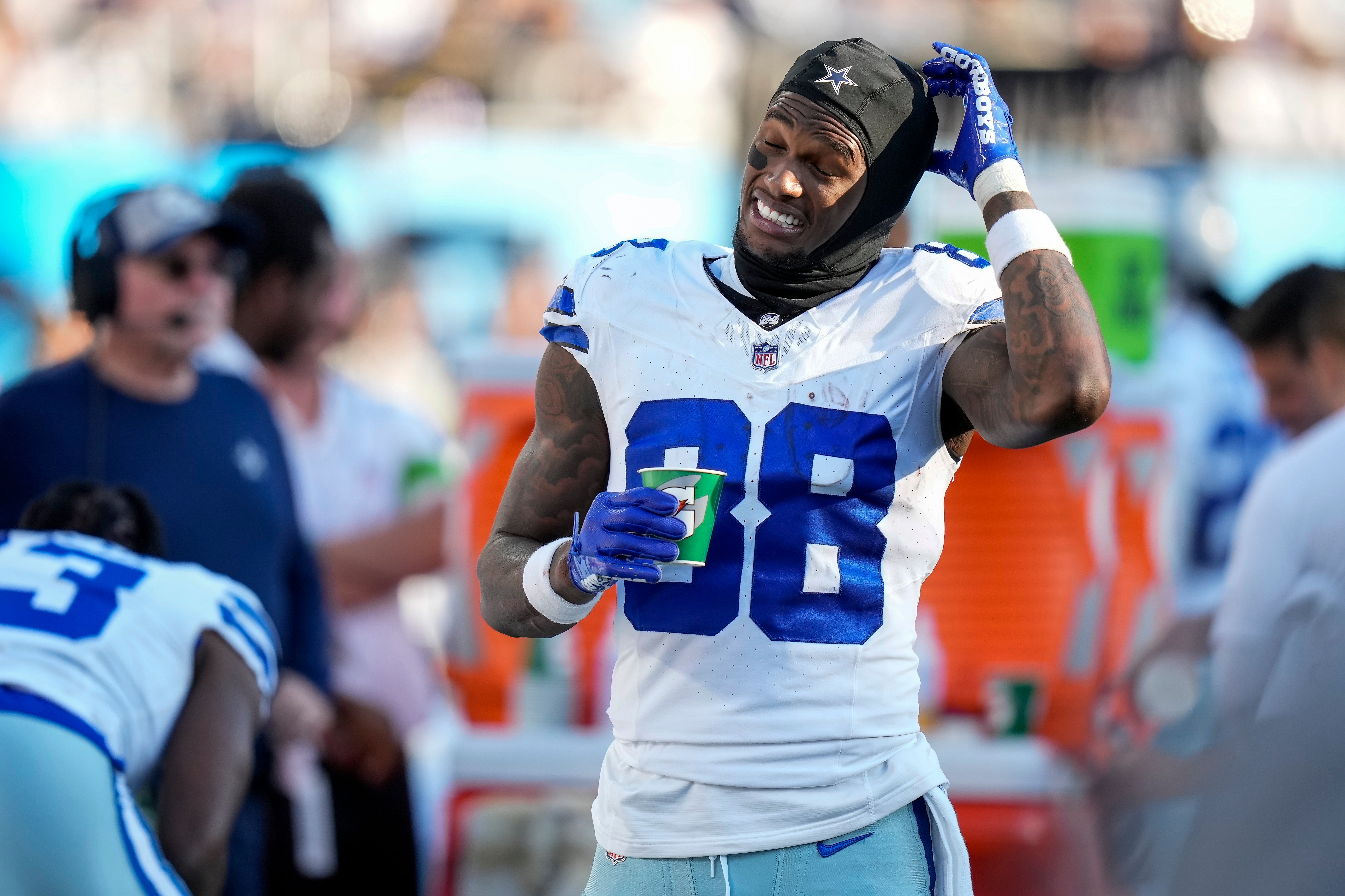 Dallas Cowboys wide receiver CeeDee Lamb (88) on the sidelines during the second half against the Carolina Panthers at Bank of America Stadium. Mandatory Credit: Jim Dedmon-USA TODAY Sports