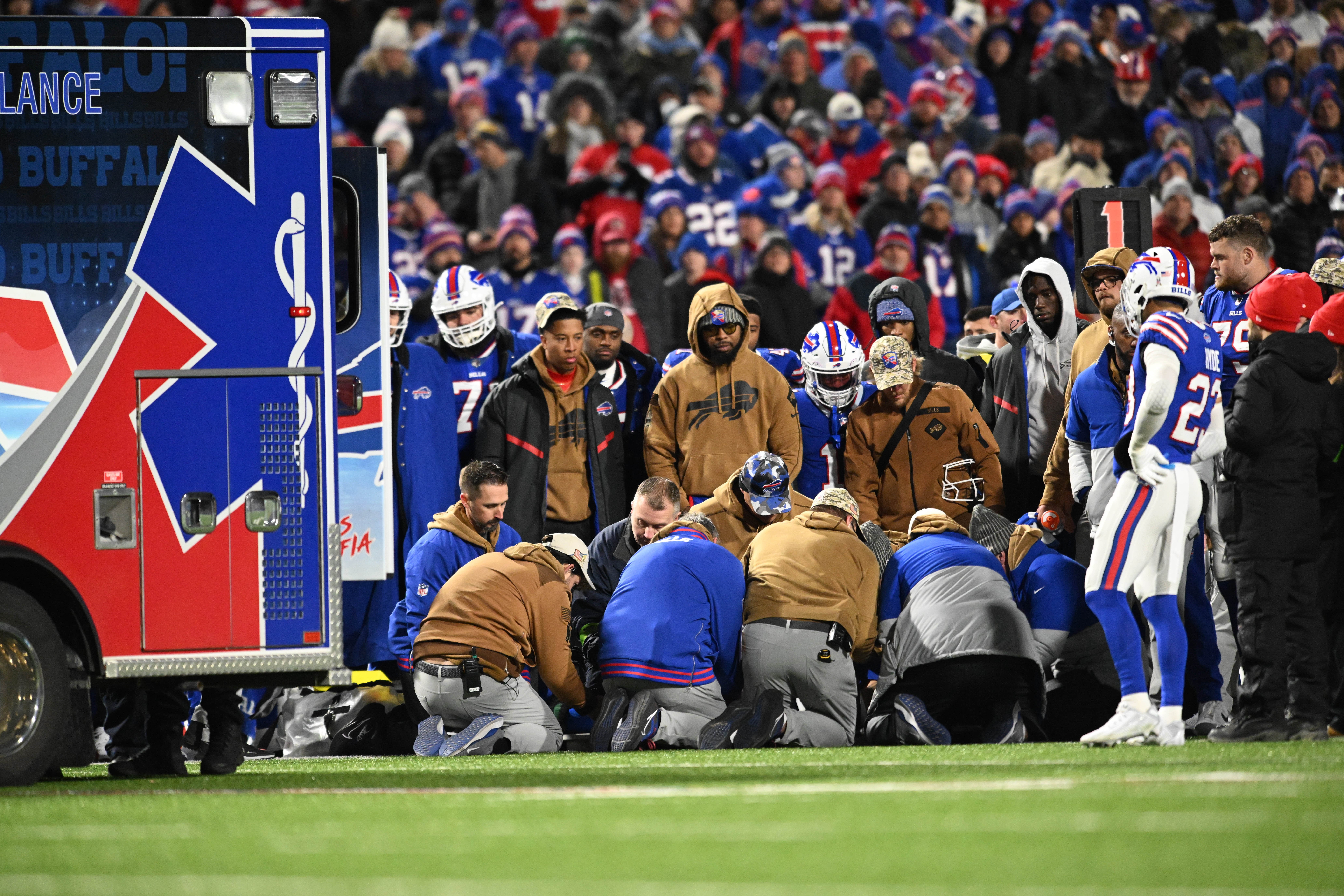 Buffalo Bills safety Taylor Rapp is tended to by medical personnel after an injury in the second quarter against the New York Jets at Highmark Stadium.