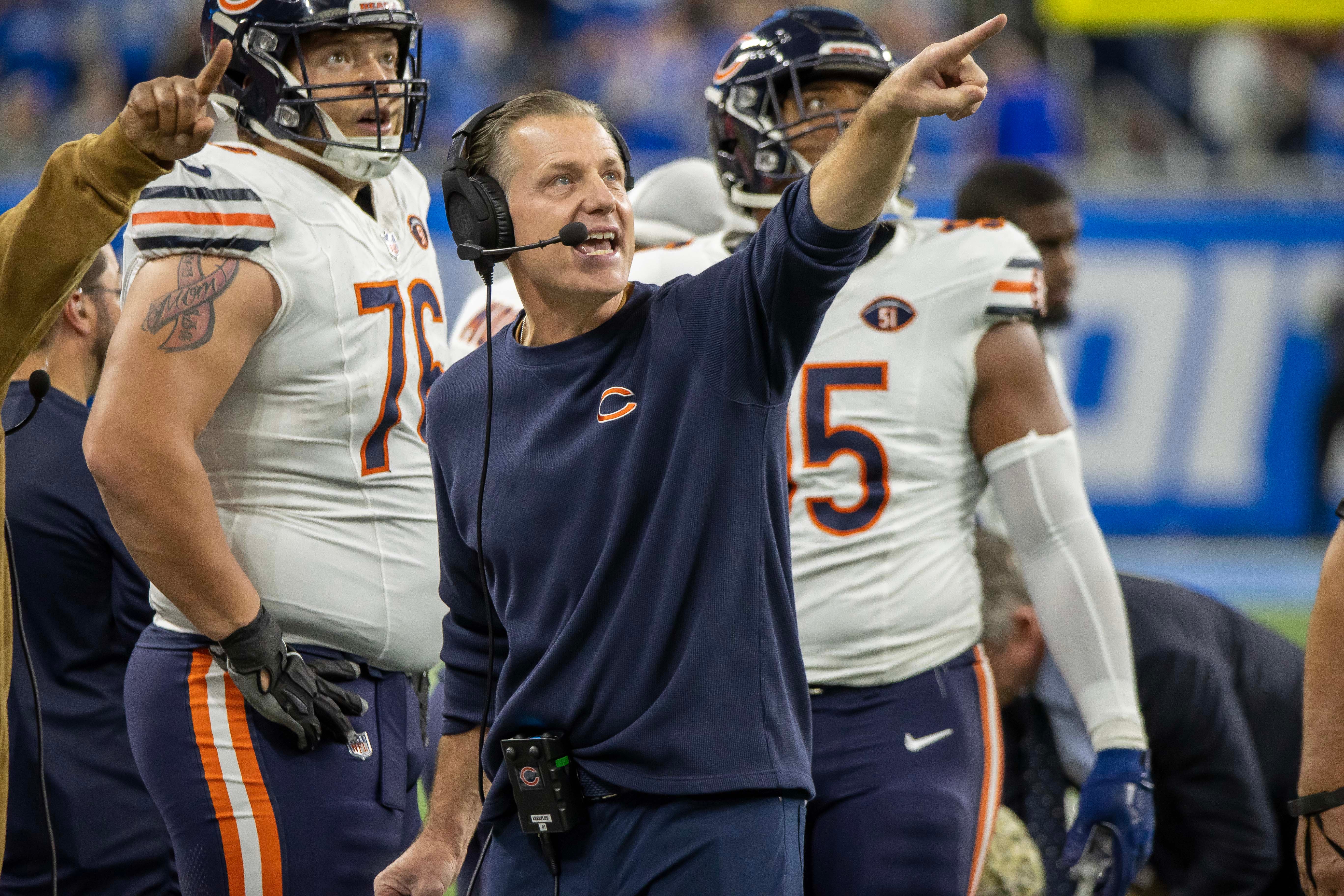 Nov 19, 2023; Detroit, Michigan, USA; The Chicago Bears head coach Matt Eberflus points at the video replay of a fumble during the first half against the Detroit Lions at Ford Field.