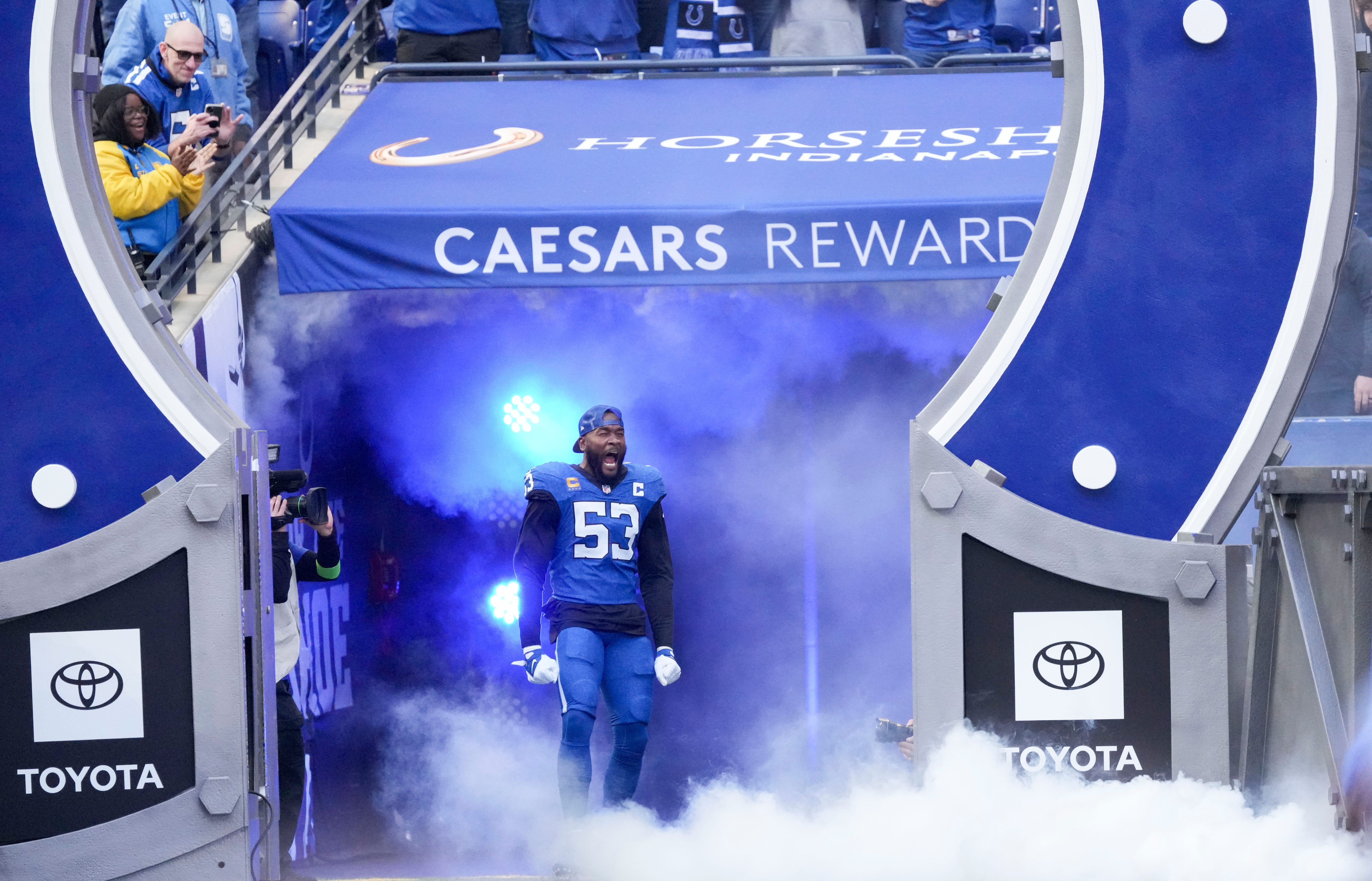 Indianapolis Colts linebacker Shaquille Leonard (53) takes the field Sunday, Oct. 22, 2023, before a game against the Cleveland Browns at Lucas Oil Stadium in Indianapolis.