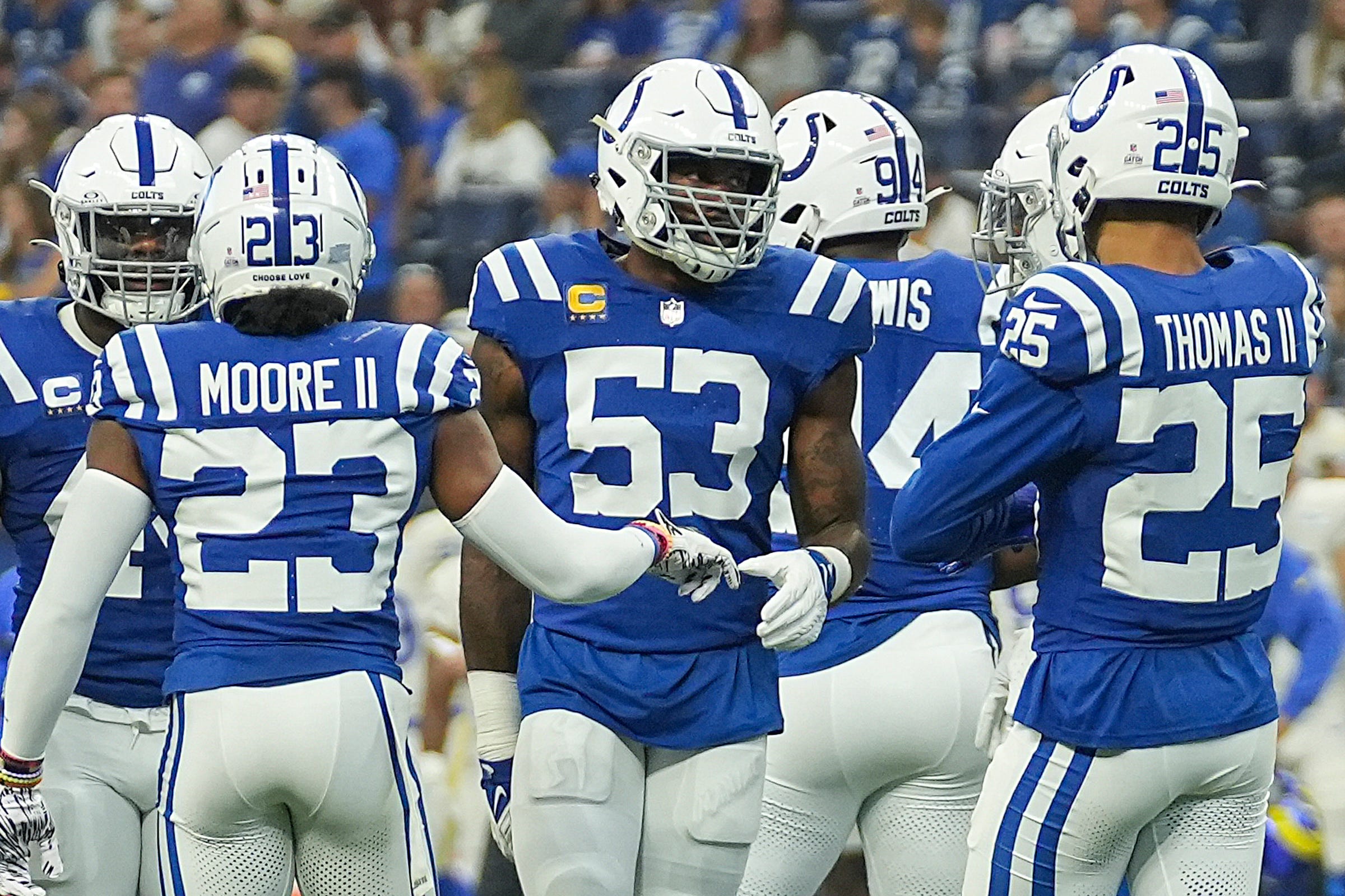 Indianapolis Colts linebacker Shaquille Leonard (53), center, during the game against the Los Angeles Rams on Sunday, Oct. 1, 2023, at Lucas Oil Stadium in Indianapolis. The Colts lost in overtime, 29-23.