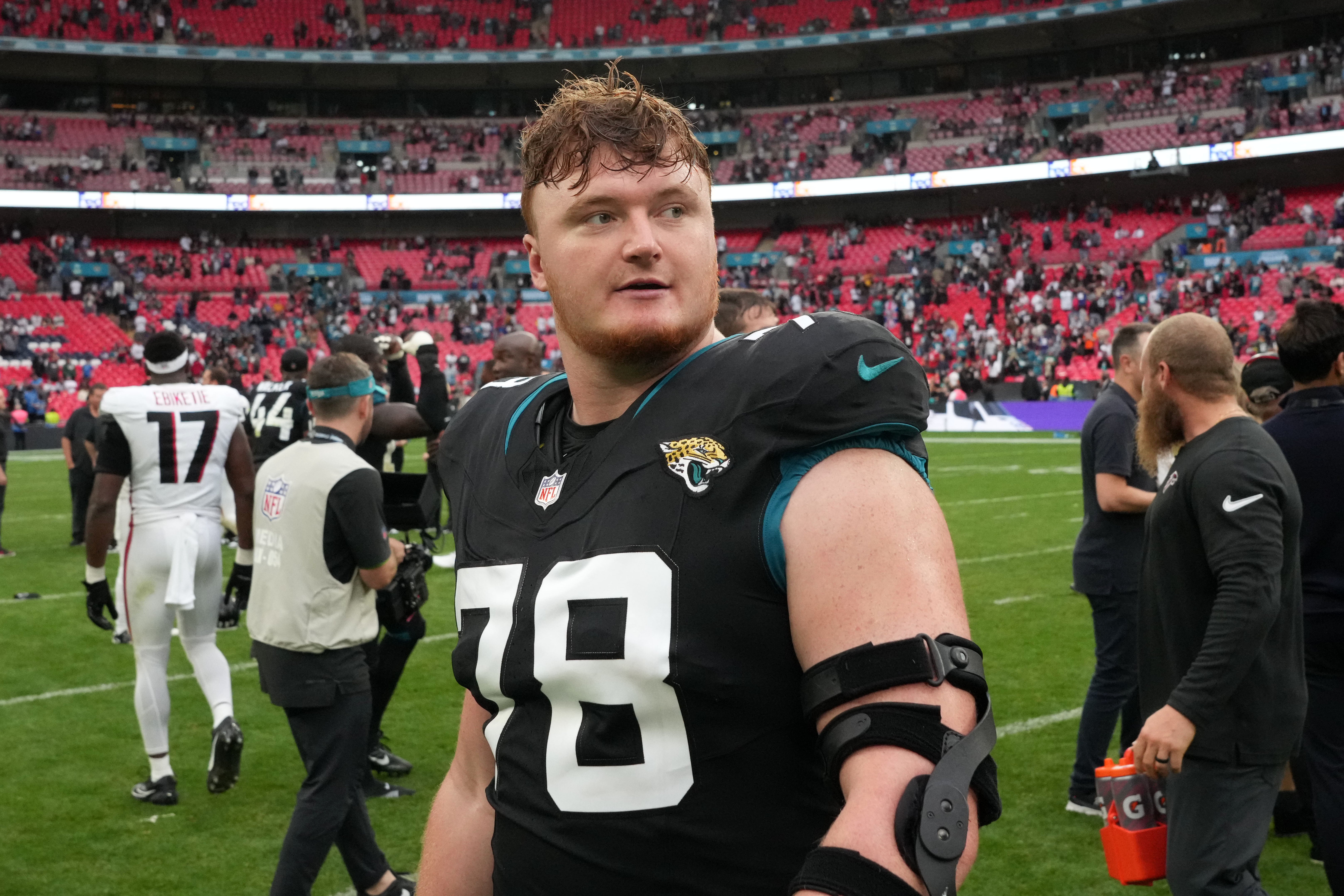 Oct 1, 2023; London, United Kingdom; Jacksonville Jaguars offensive tackle Ben Bartch (78) reacts after an NFL International Series game against the Atlanta Falcons at Wembley Stadium.