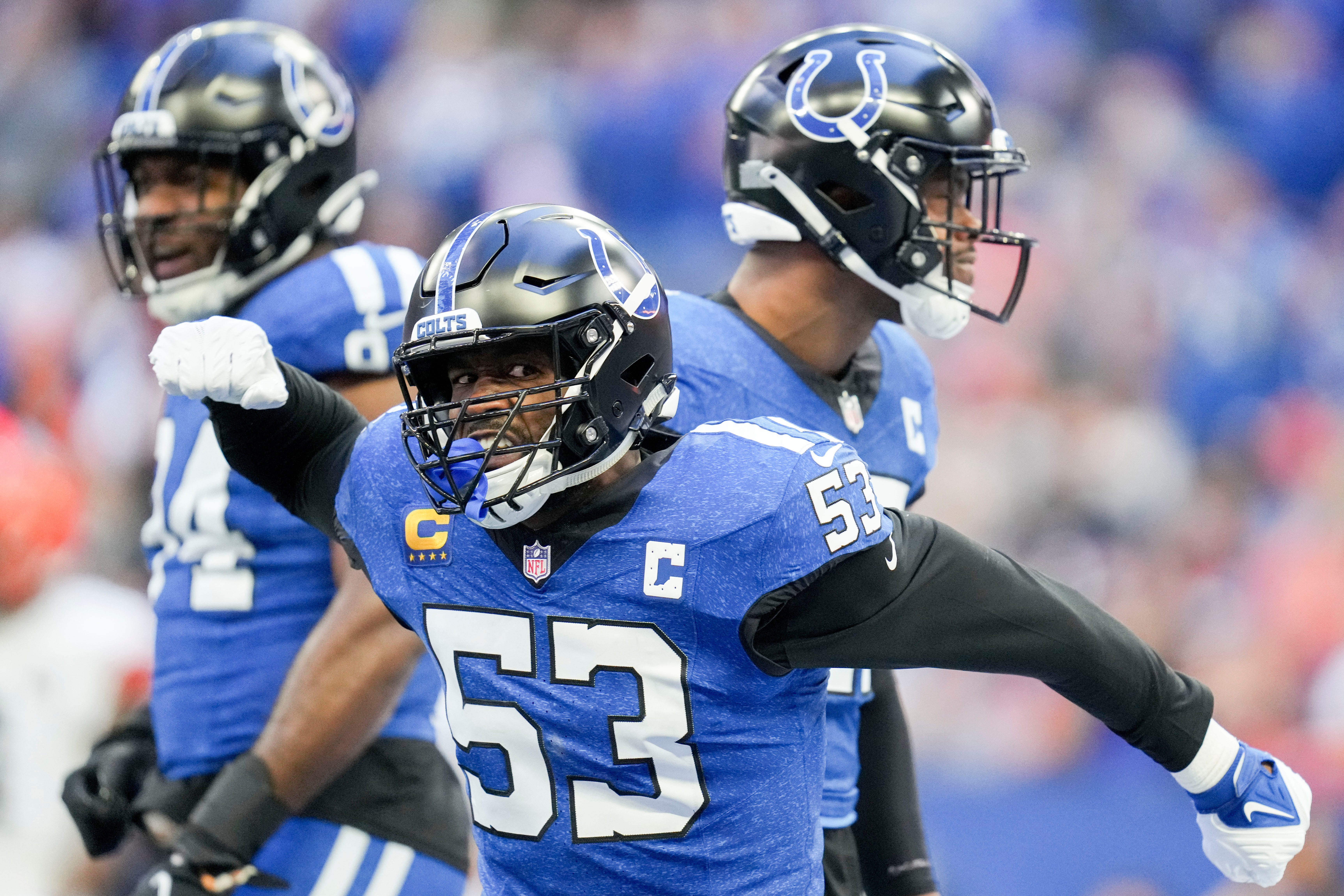 Indianapolis Colts linebacker Shaquille Leonard (53) reacts to a stop Sunday, Oct. 22, 2023, during a game against the Cleveland Browns at Lucas Oil Stadium in Indianapolis.