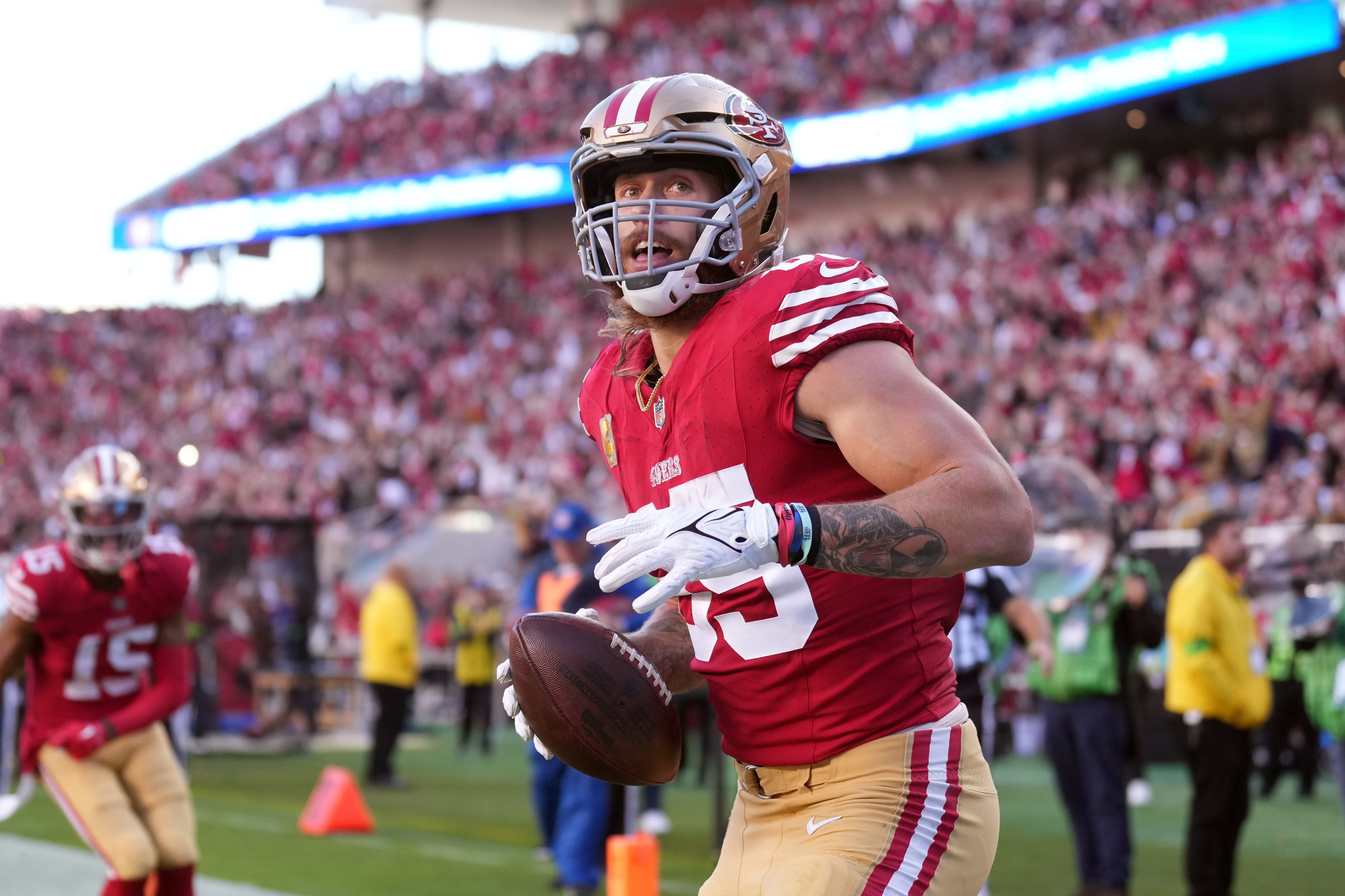 Nov 19, 2023; Santa Clara, California, USA; San Francisco 49ers tight end George Kittle (85) reacts after scoring a touchdown against the Tampa Bay Buccaneers during the third quarter at Levi's Stadium.