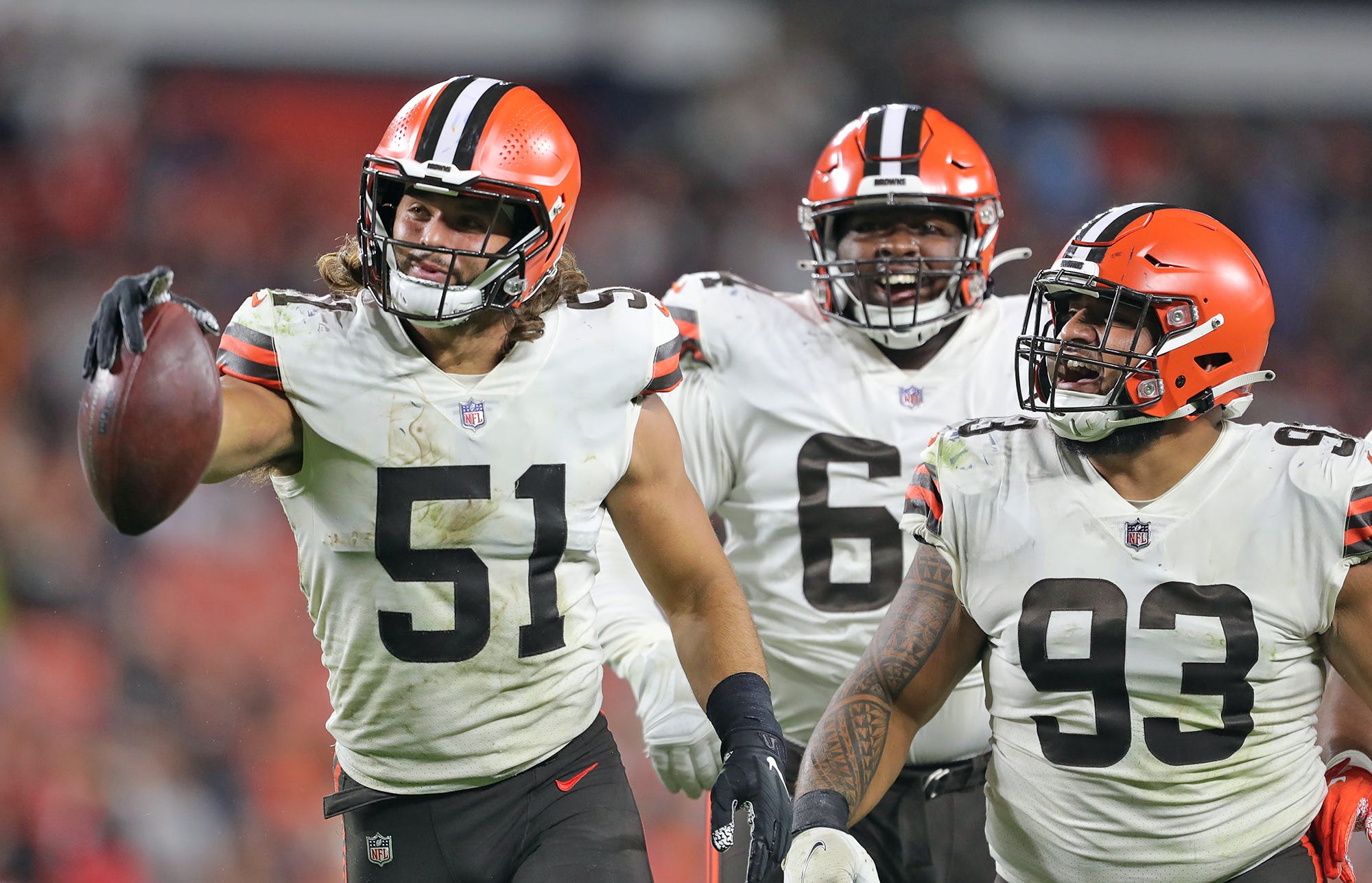 Browns linebacker Jordan Kunaszyk (51) celebrates with teammates after recovering a Bears fumble during the second half of a preseason game, Saturday, Aug. 27, 2022, in Cleveland. Brownsjl 11