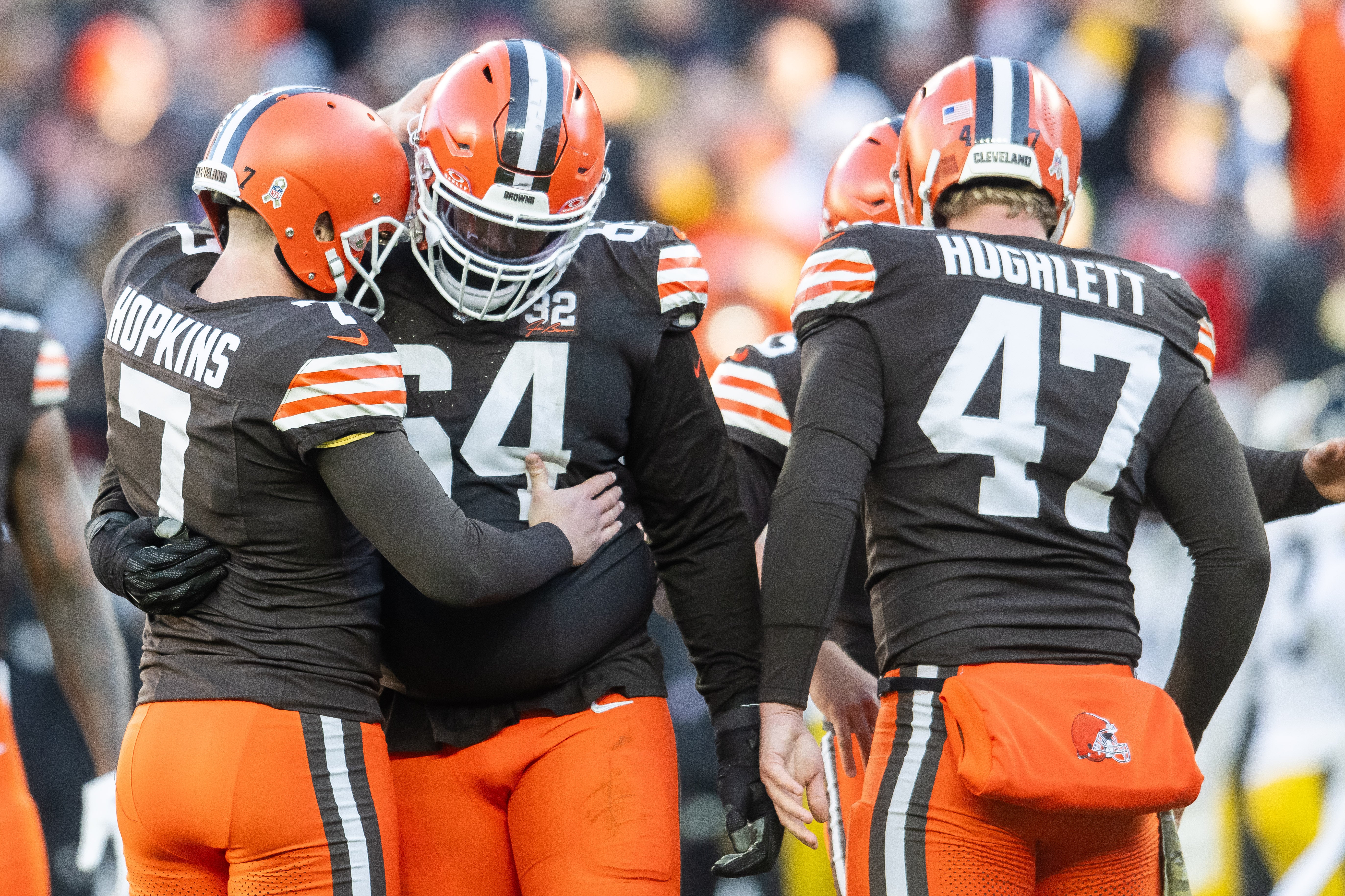 Nov 19, 2023; Cleveland, Ohio, USA; Cleveland Browns place kicker Dustin Hopkins (7) celebrates with offensive tackle Geron Christian (64) after kicking a field goal during the fourth quarter against the Pittsburgh Steelers at Cleveland Browns Stadium. Mandatory Credit: Ken Blaze-USA TODAY Sports