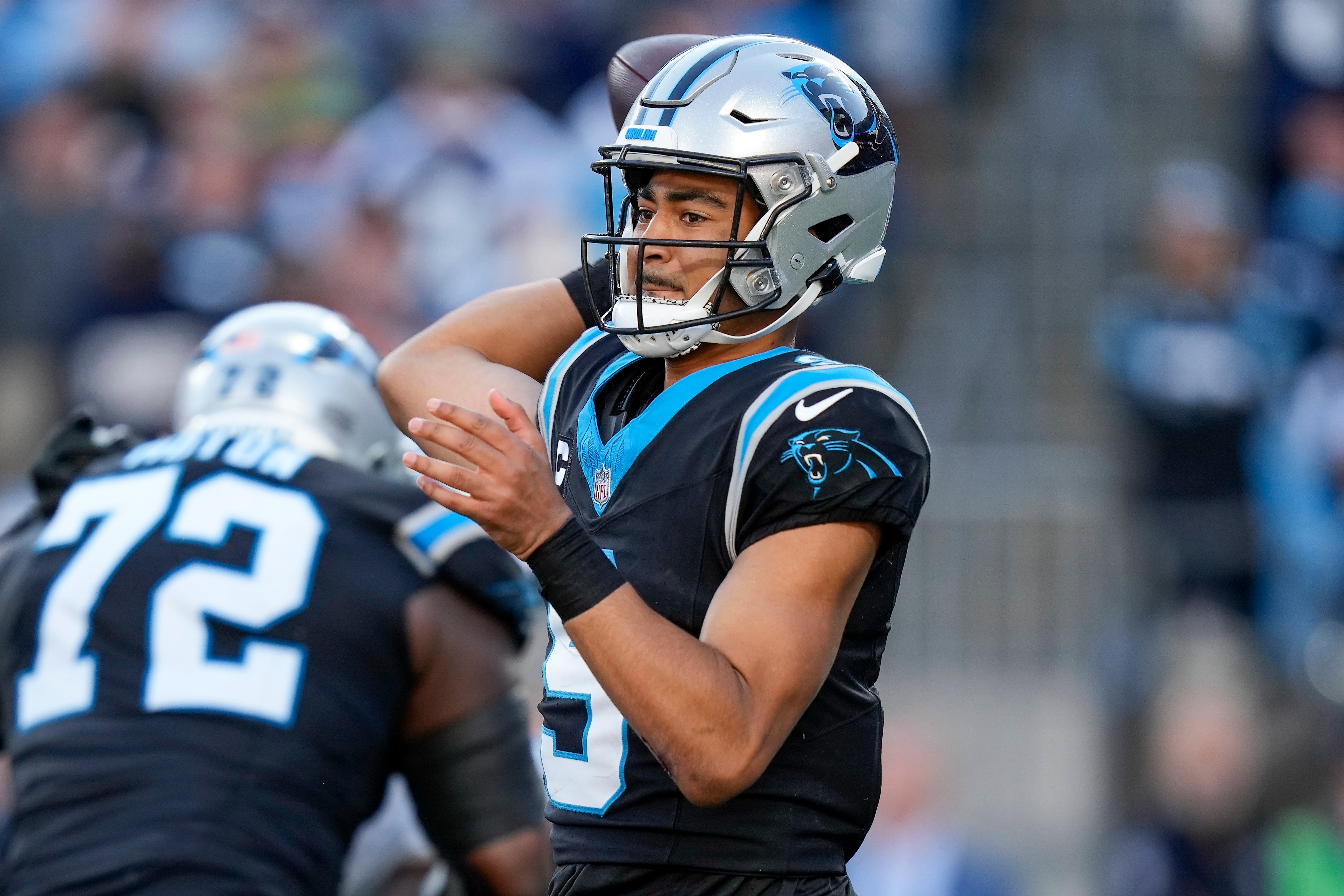 Nov 19, 2023; Charlotte, North Carolina, USA; Carolina Panthers quarterback Bryce Young (9) throws during the second half against the Dallas Cowboys at Bank of America Stadium. Mandatory Credit: Jim Dedmon-USA TODAY Sports
