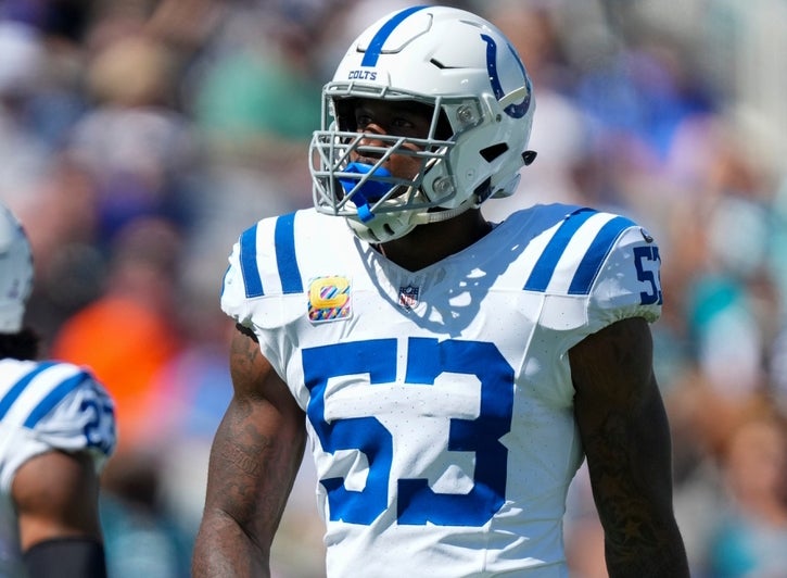 Indianapolis Colts linebacker Shaquille Leonard during game action at EverBank Stadium on Sunday, Oct 15, 2023, in Jacksonville.
