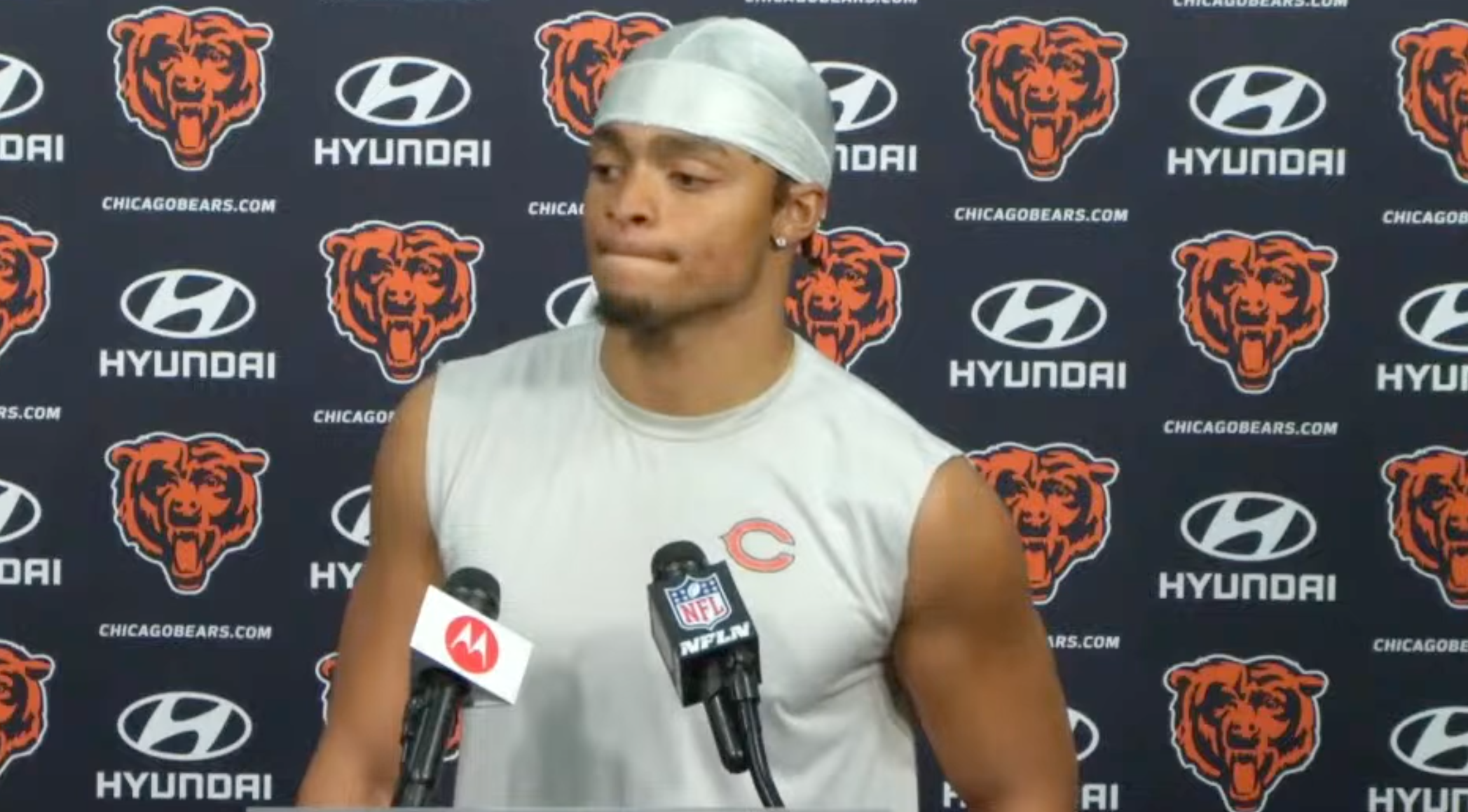 Justin Fields speaks to the media on Wednesday November 22, 2023.