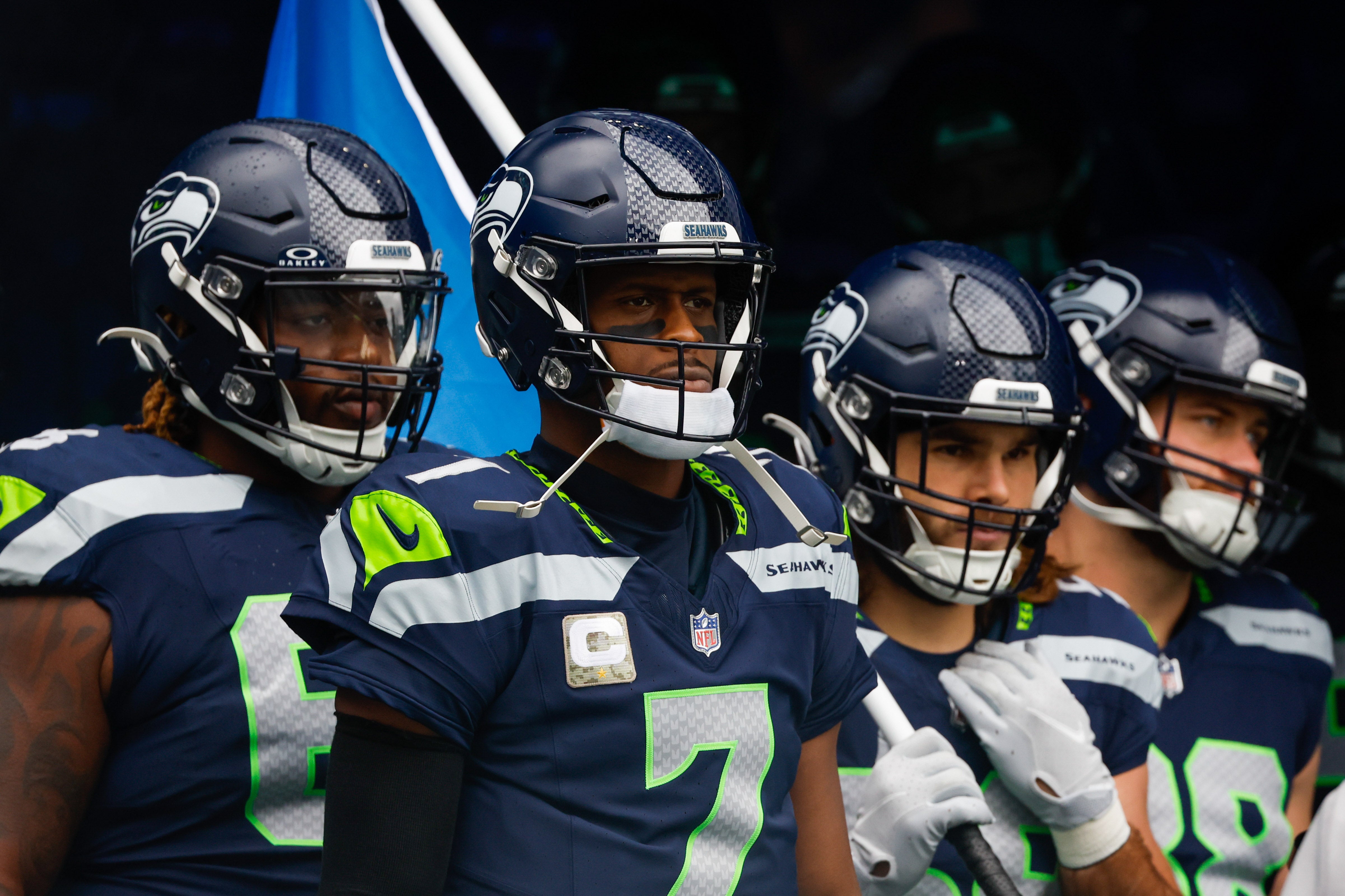 Nov 12, 2023; Seattle, Washington, USA; Seattle Seahawks quarterback Geno Smith (7) stands outside the locker room before a game against the Washington Commanders at Lumen Field.