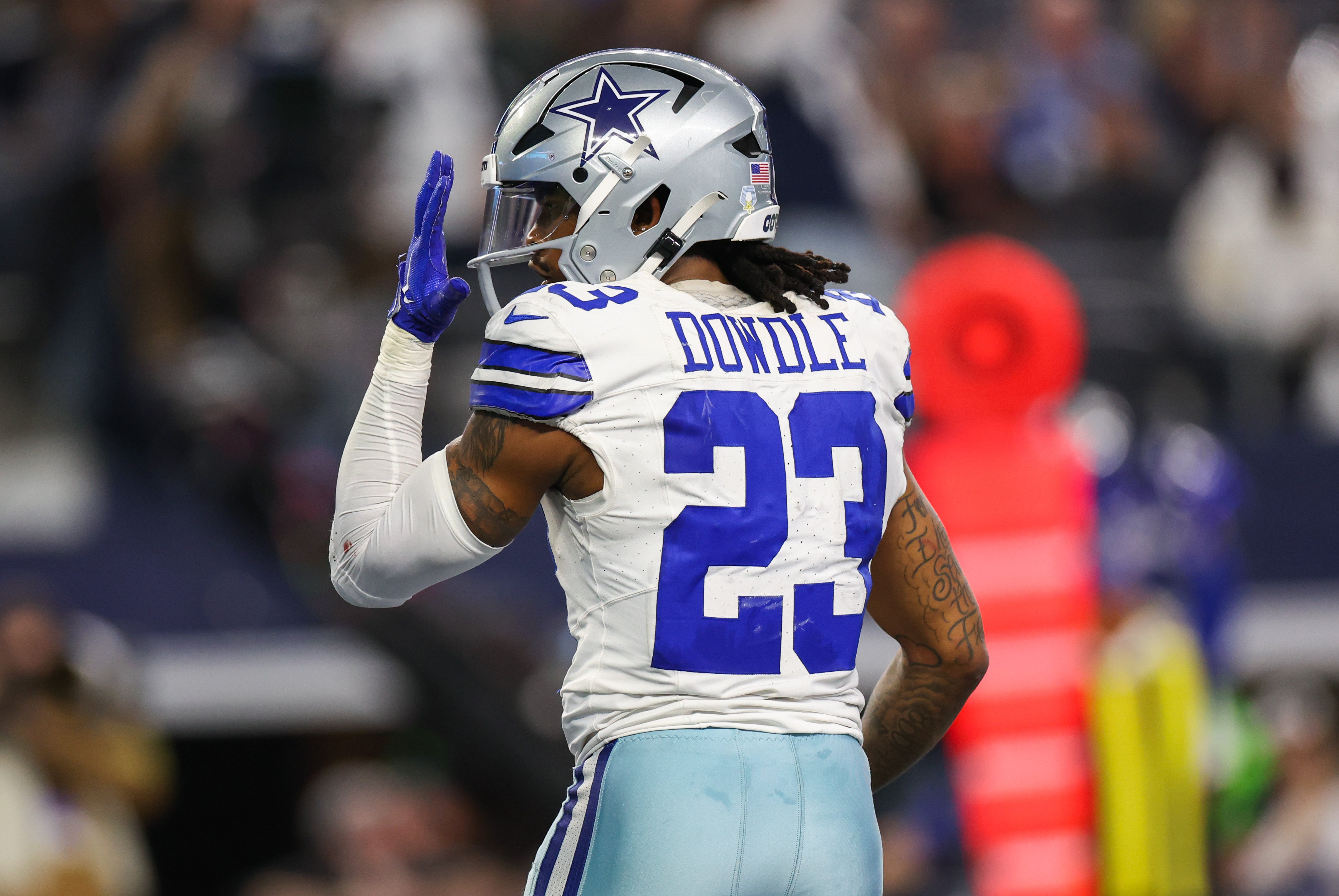 Dallas Cowboys running back Rico Dowdle (23) reacts during the second half against the New York Giants at AT&T Stadium.