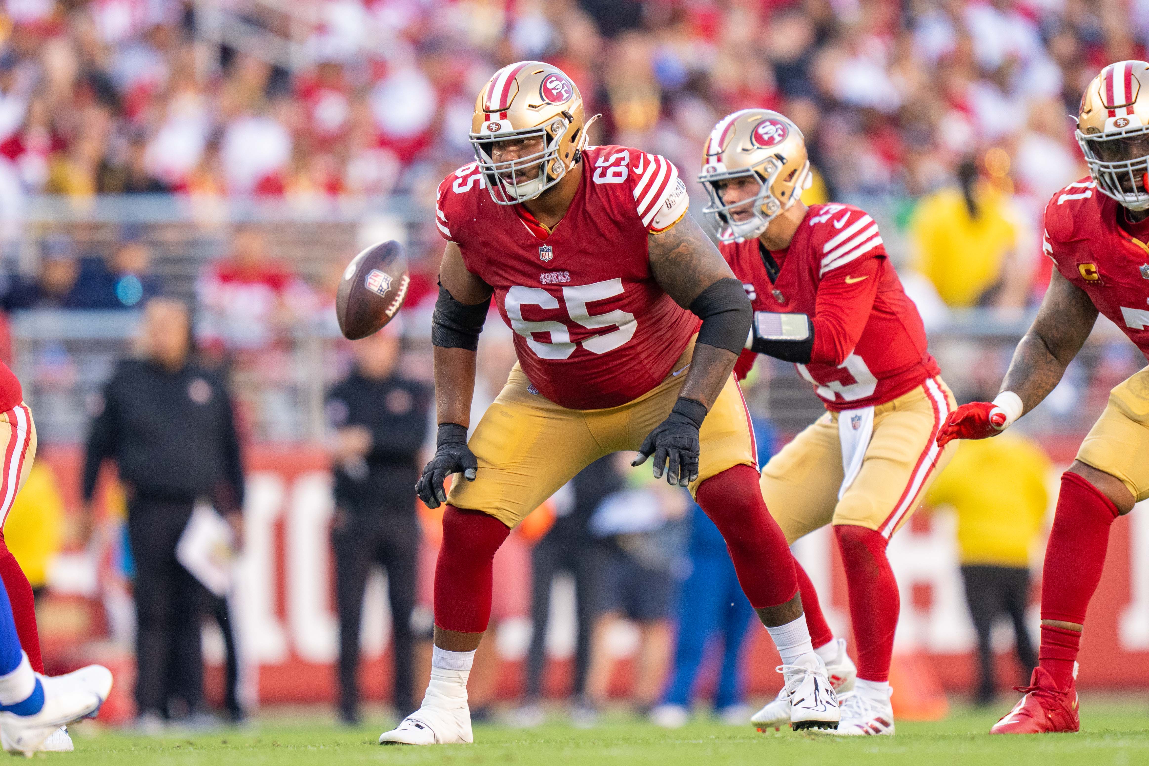 October 8, 2023; Santa Clara, California, USA; San Francisco 49ers guard Aaron Banks (65) during the first quarter against the Dallas Cowboys at Levi's Stadium.