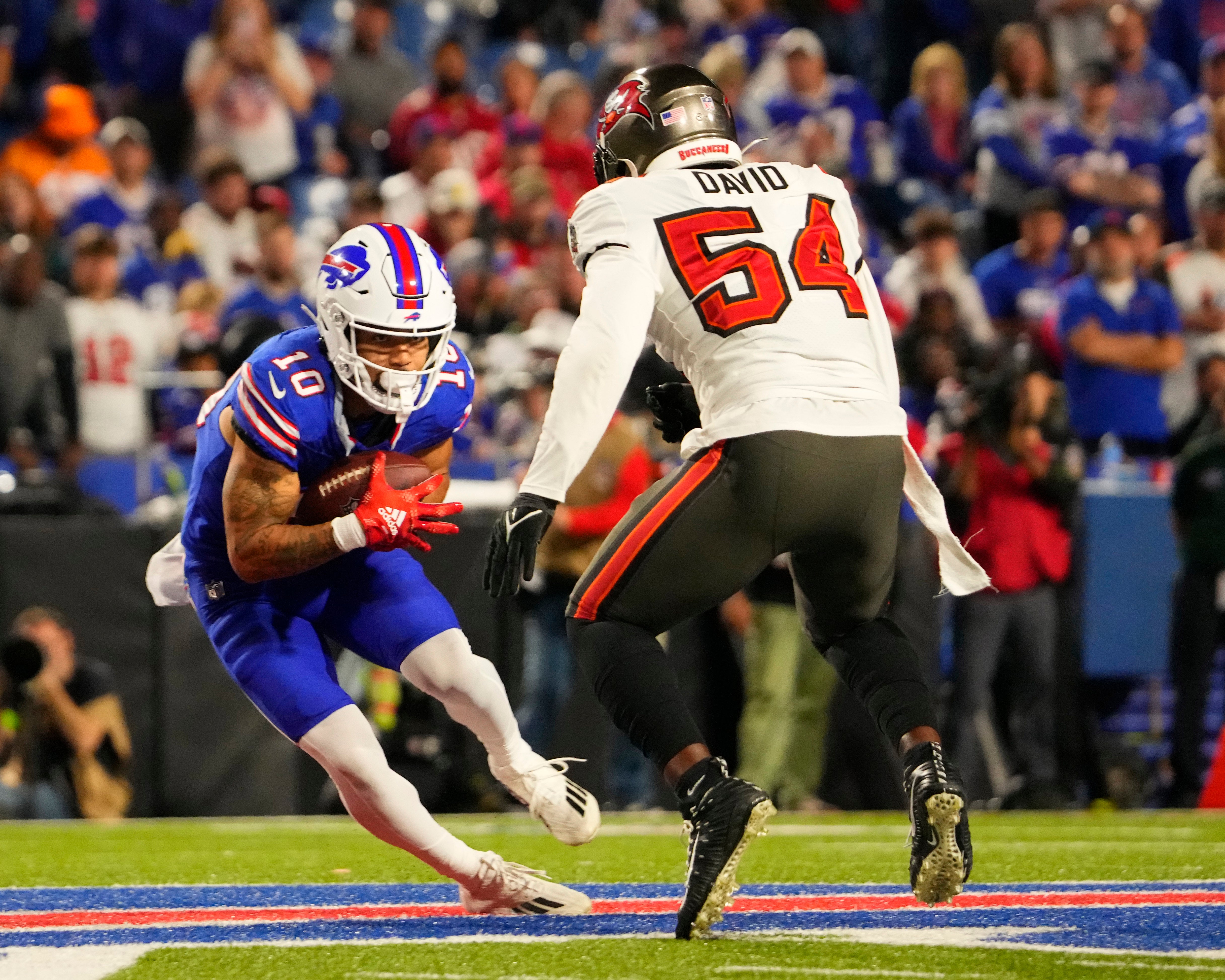 Oct 26, 2023; Orchard Park, New York, USA; Buffalo Bills wide receiver Khalil Shakir (10) makes a catch against Tampa Bay Buccaneers linebacker Lavonte David (54) during the second half at Highmark Stadium. Mandatory Credit: Gregory Fisher-USA TODAY Sports