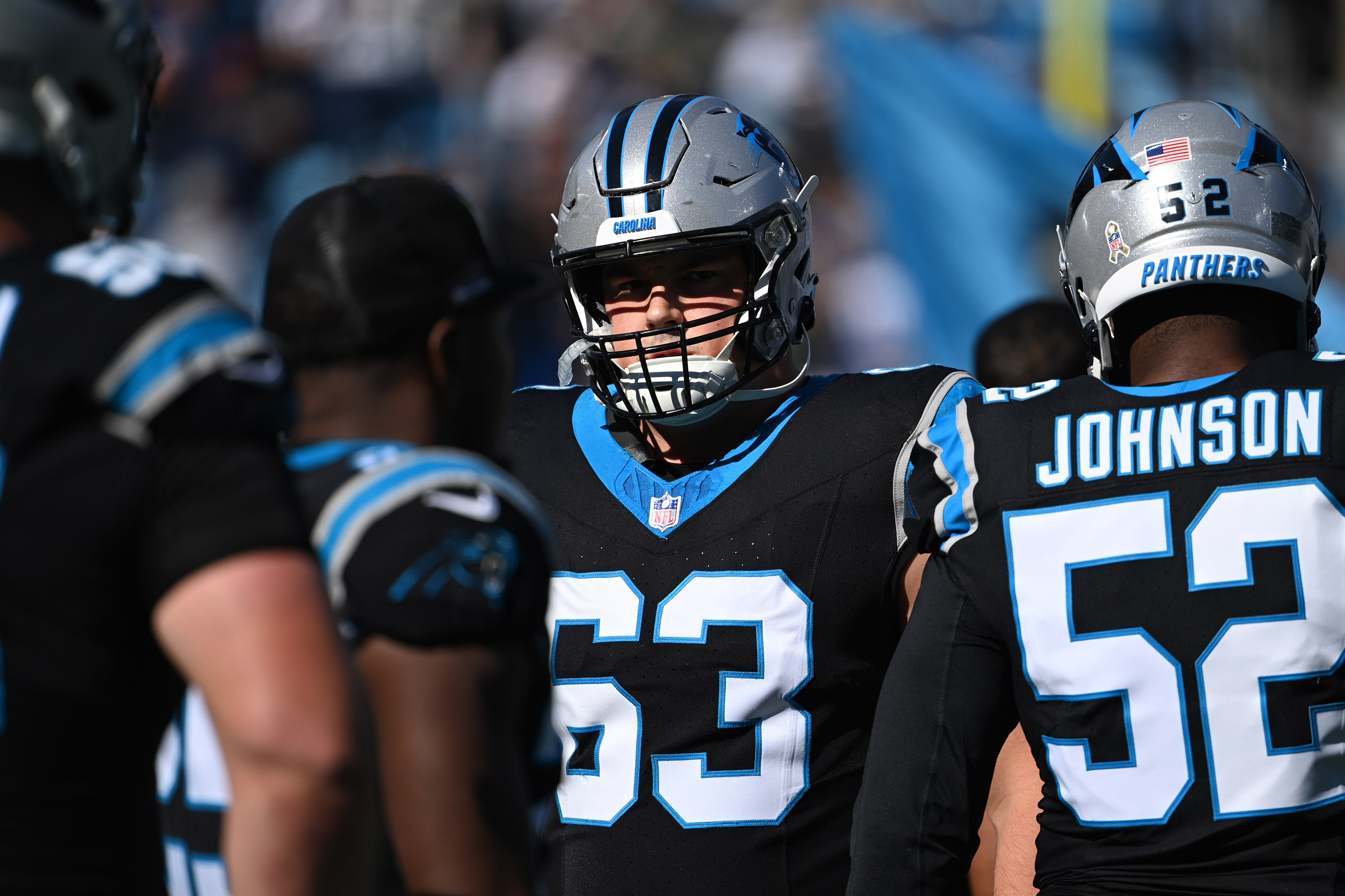 Nov 19, 2023; Charlotte, North Carolina, USA; Carolina Panthers guard Austin Corbett (63) before the game at Bank of America Stadium. Mandatory Credit: Bob Donnan-USA TODAY Sports