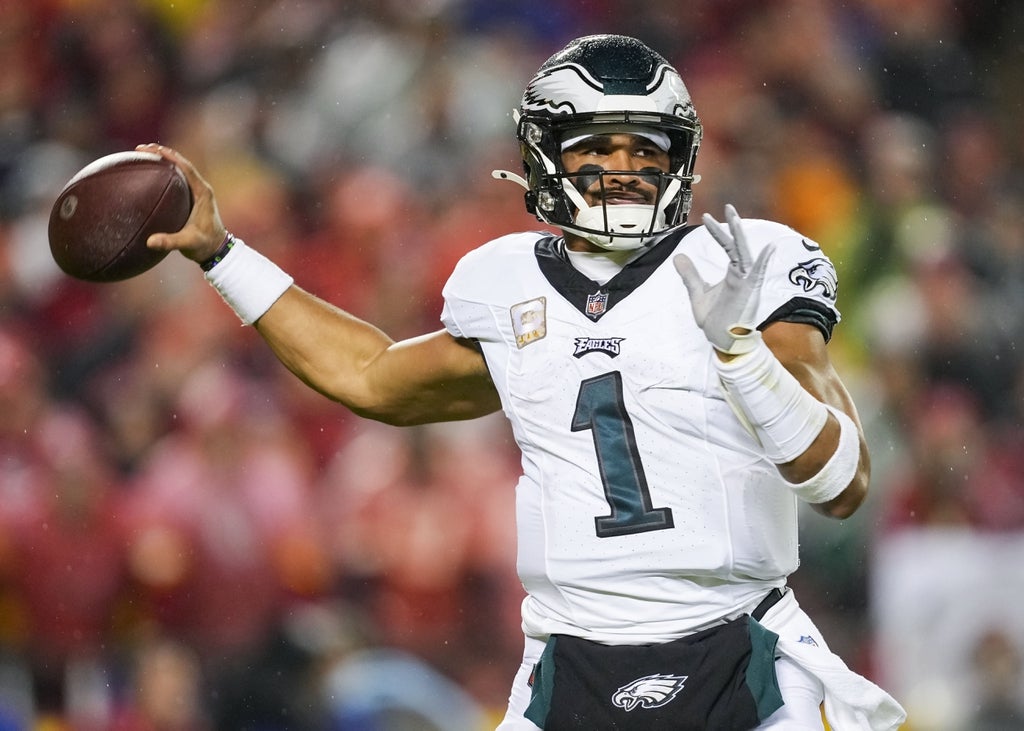 Philadelphia Eagles quarterback Jalen Hurts throws a pass during the first half against the Kansas City Chiefs at GEHA Field at Arrowhead Stadium.