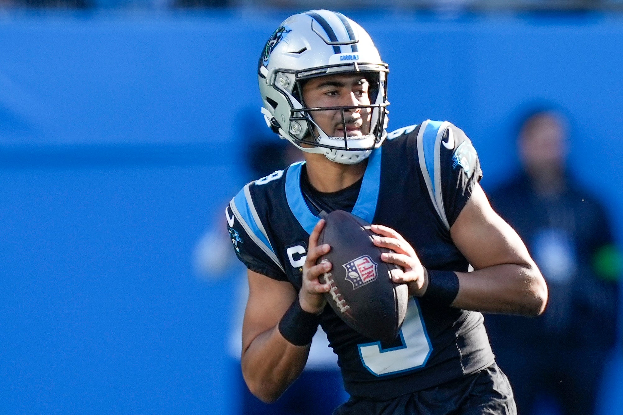 Nov 19, 2023; Charlotte, North Carolina, USA; Carolina Panthers quarterback Bryce Young (9) drops back to pass against the Dallas Cowboys during the second half at Bank of America Stadium. Mandatory Credit: Jim Dedmon-USA TODAY Sports