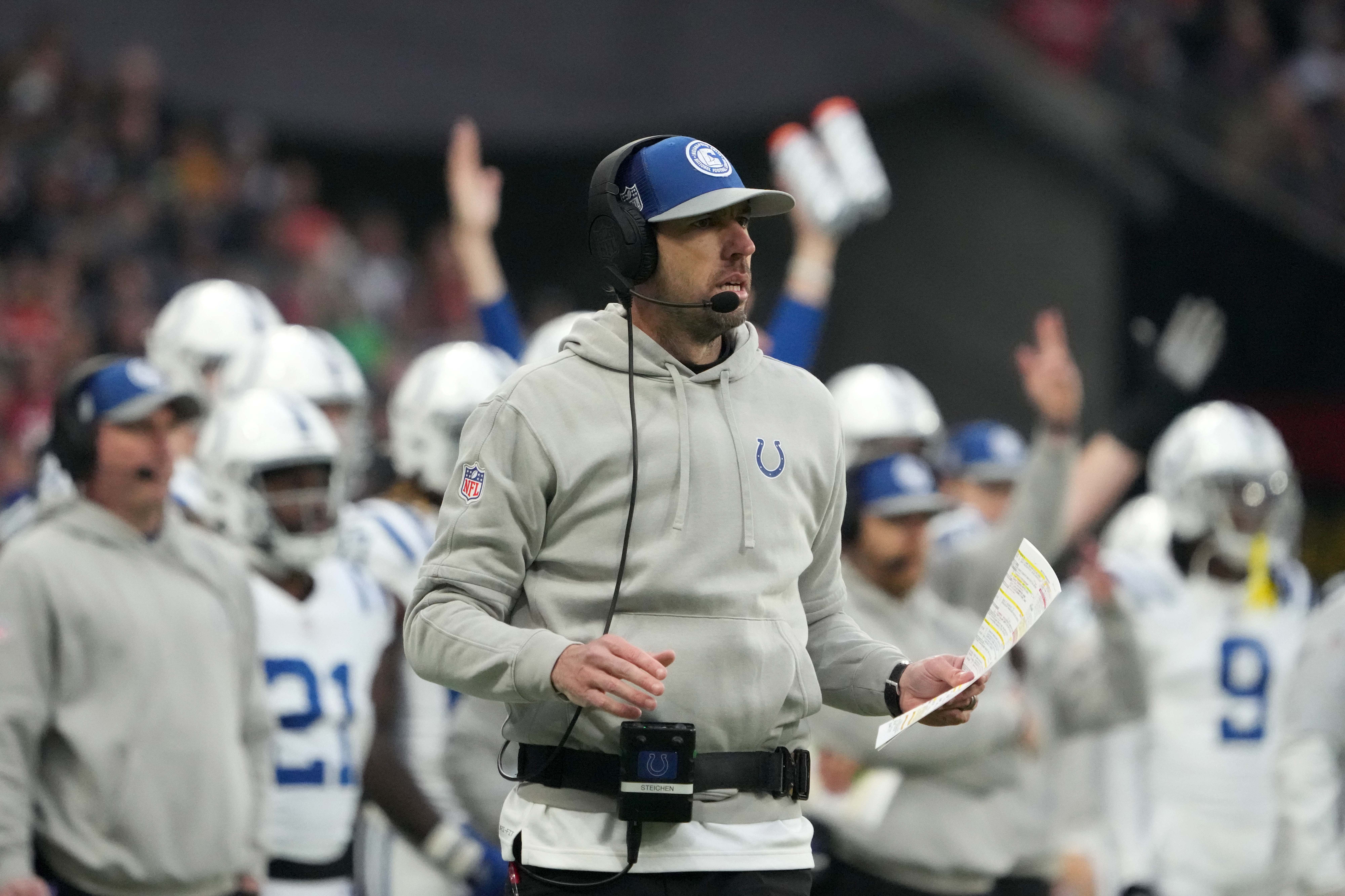 Nov 12, 2023; Frankfurt, Germany; Indianapolis Colts coach Shane Steichen reacts against the New England Patriots in the first half during an NFL International Series game at Deutsche Bank Park.