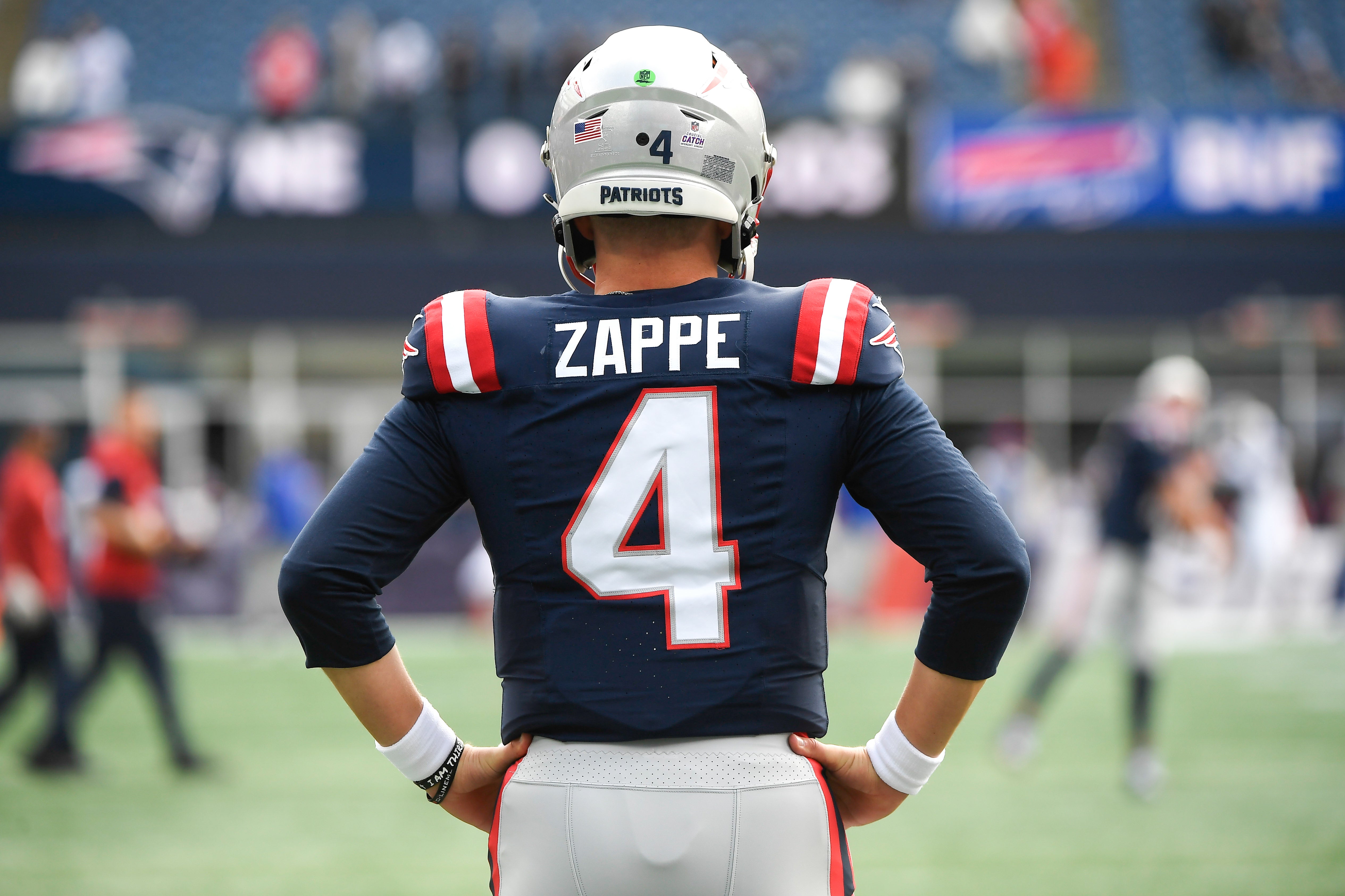 New England Patriots quarterback Bailey Zappe  during warm ups before a game against the Buffalo Bills at Gillette Stadium.