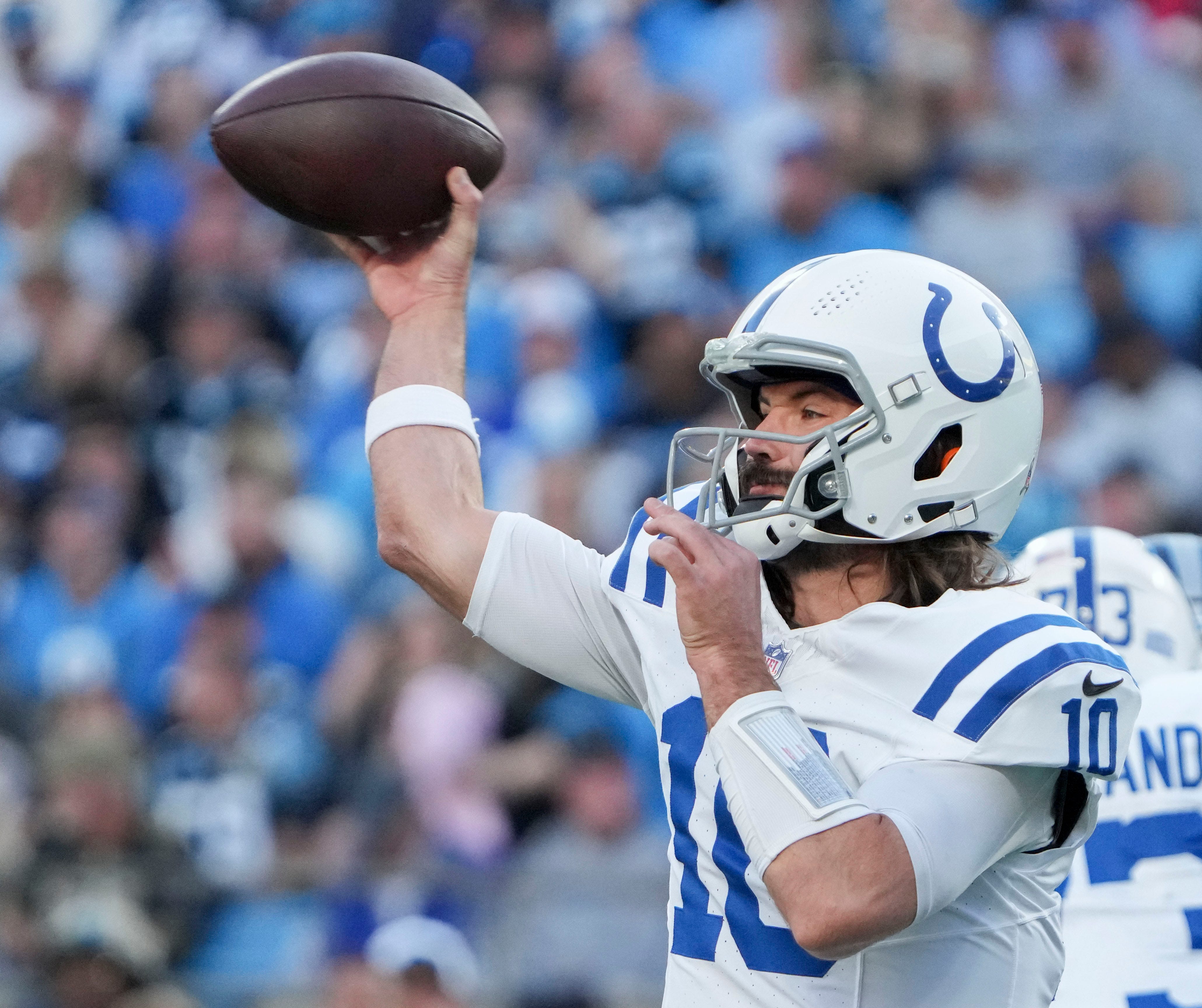 Indianapolis Colts quarterback Gardner Minshew II (10) passes the ball Sunday, Nov. 5, 2023, during a game against the Carolina Panthers at Bank of America Stadium in Charlotte.