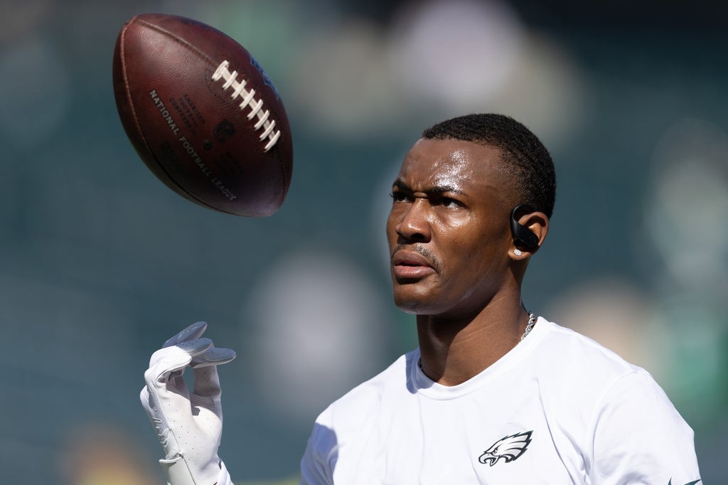 Philadelphia Eagles wide receiver DeVonta Smith warms up before action against the Washington Commanders at Lincoln Financial Field.