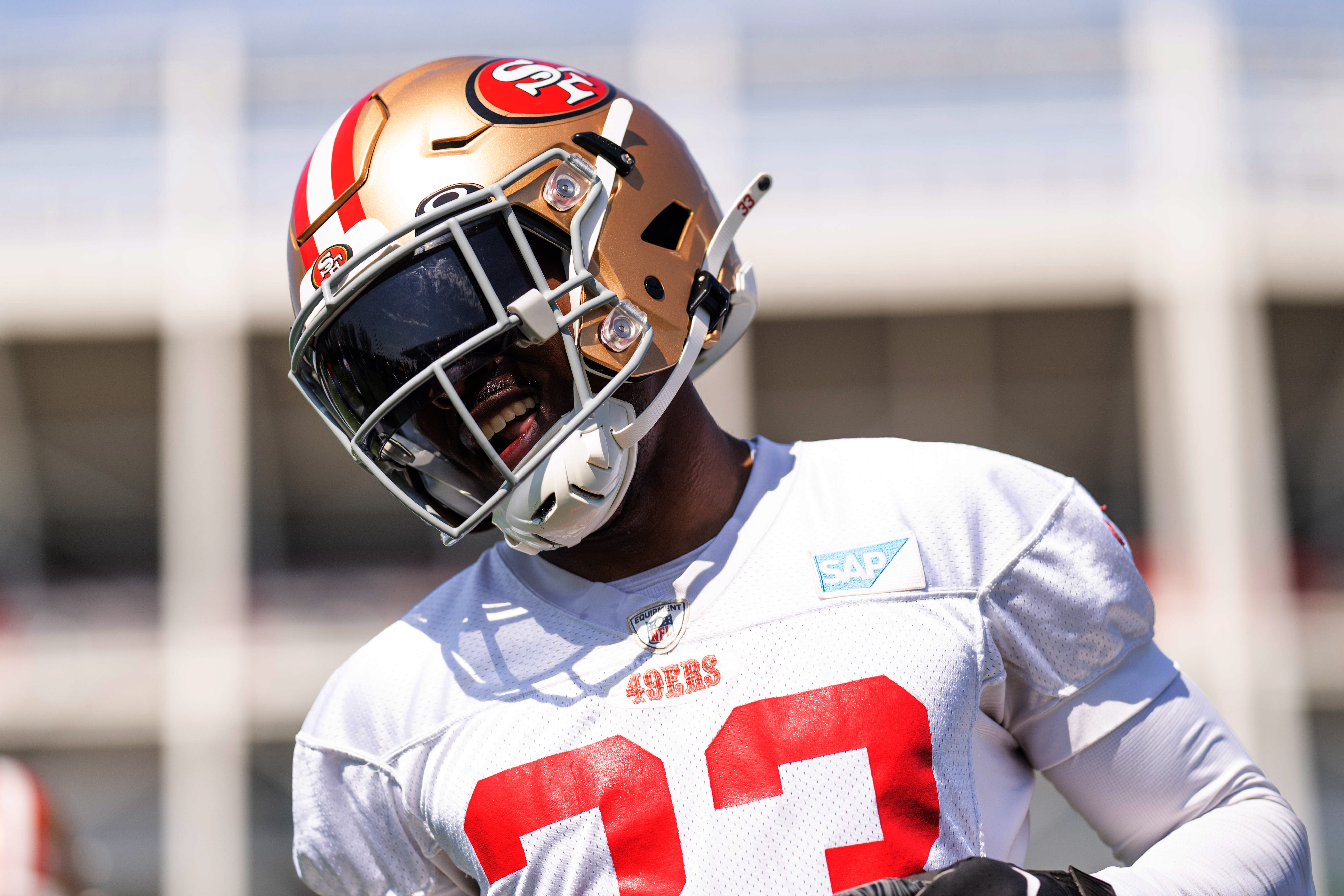 Jul 28, 2022; Santa Clara, CA, USA; San Francisco 49ers defensive back Tarvarius Moore (33) smiles during training camp at the SAP Performance Facility near Levi Stadium.