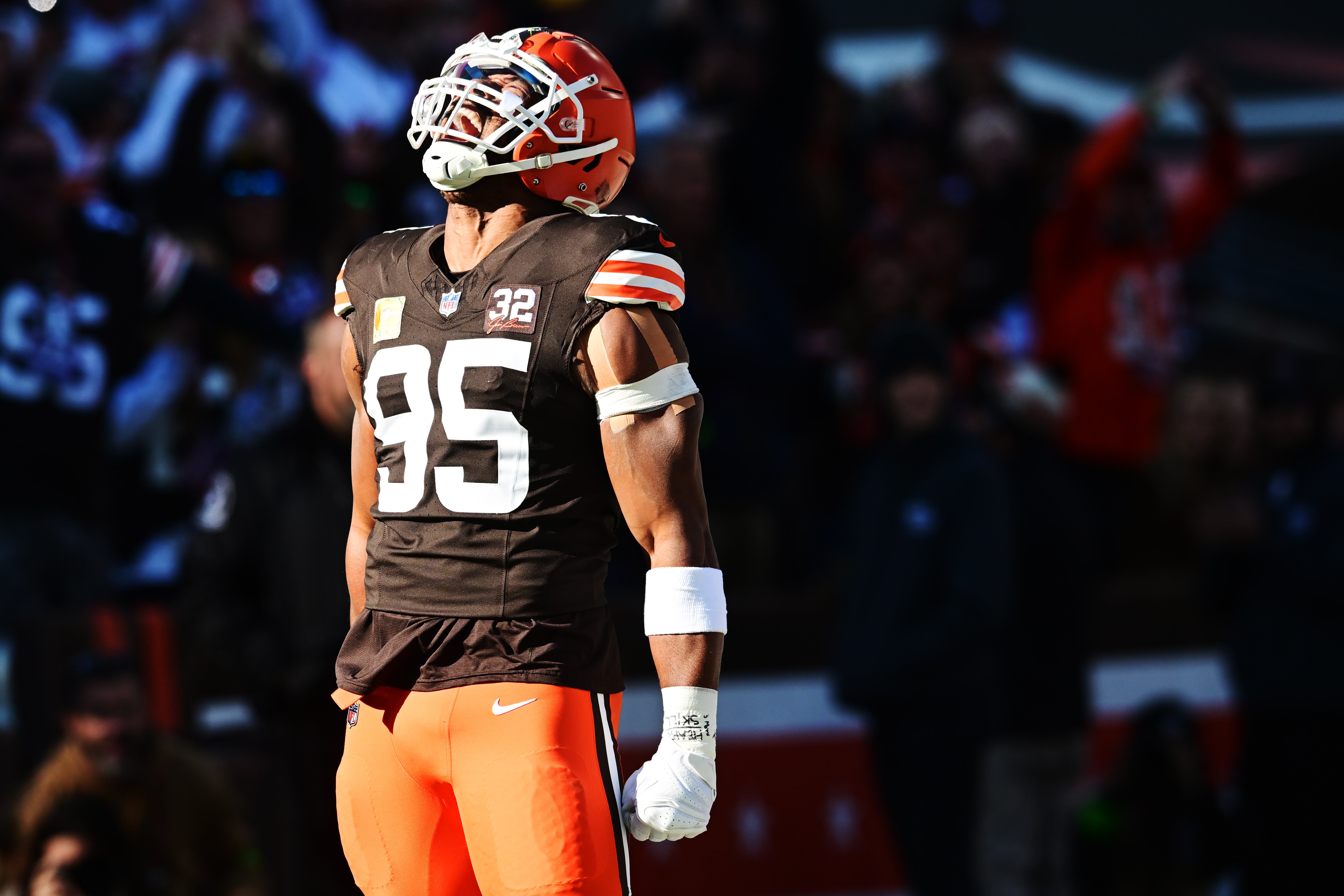 Nov 19, 2023; Cleveland, Ohio, USA; Cleveland Browns defensive end Myles Garrett (95) celebrates after sacking Pittsburgh Steelers quarterback Kenny Pickett (not pictured) during the first quarter at Cleveland Browns Stadium. Mandatory Credit: Ken Blaze-USA TODAY Sports