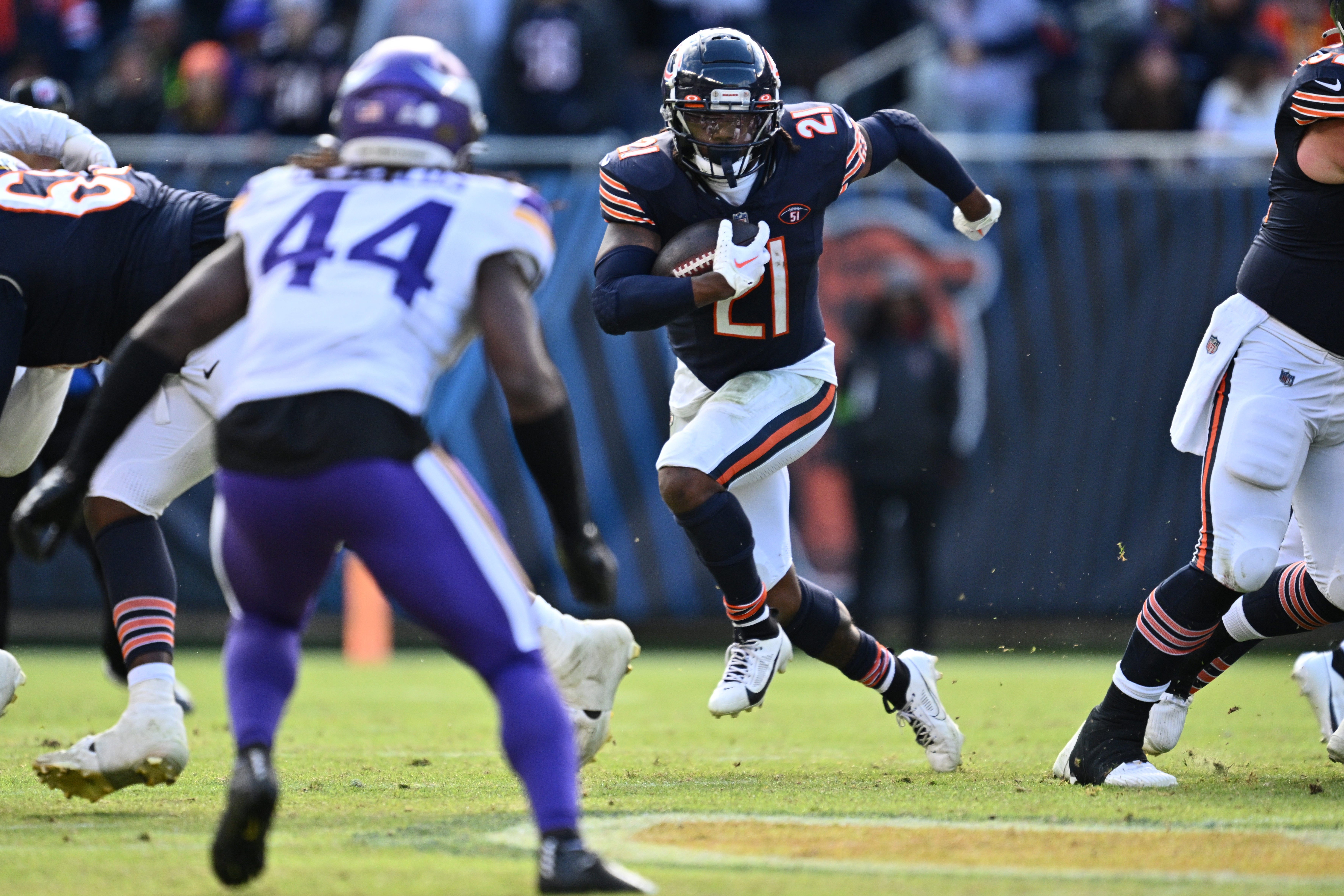 Oct 15, 2023; Chicago, Illinois, USA; Chicago Bears running back D'Onta Foreman (21) looks for running room in the second half against the Minnesota Vikings at Soldier Field.