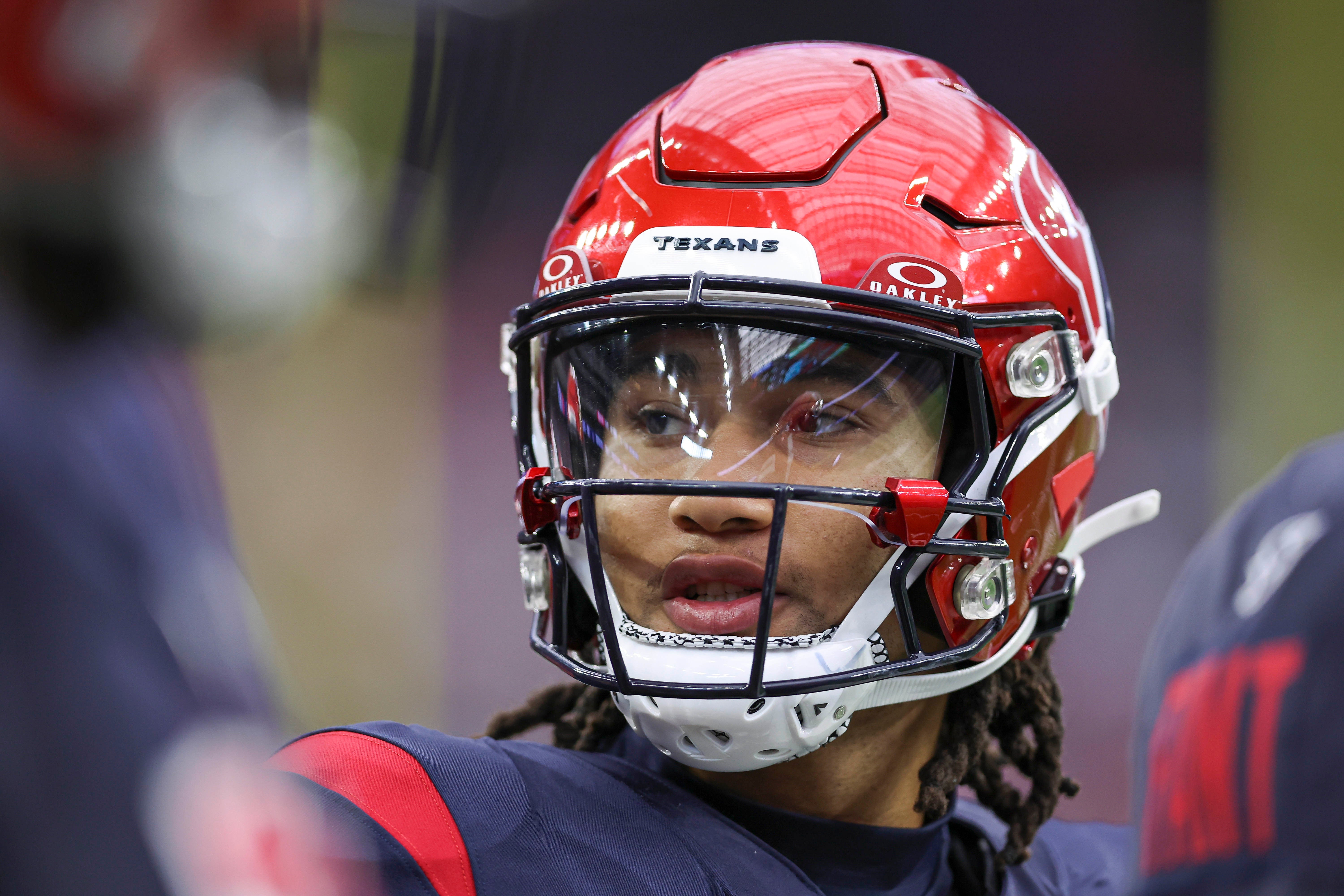 Nov 19, 2023; Houston, Texas, USA; Houston Texans quarterback C.J. Stroud (7) on the sideline during the third quarter of the game against the Arizona Cardinals at NRG Stadium. Mandatory Credit: Troy Taormina-USA TODAY Sports