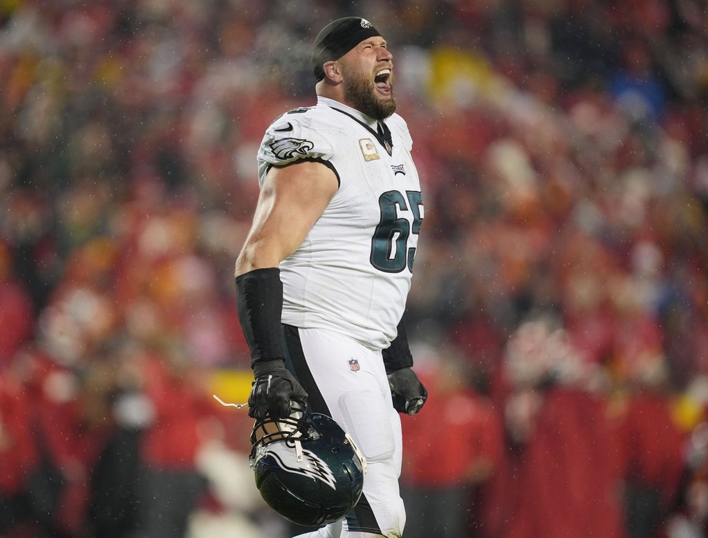 Philadelphia Eagles offensive tackle Lane Johnson celebrates after a touchdown during the second half against the Kansas City Chiefs at GEHA Field at Arrowhead Stadium.