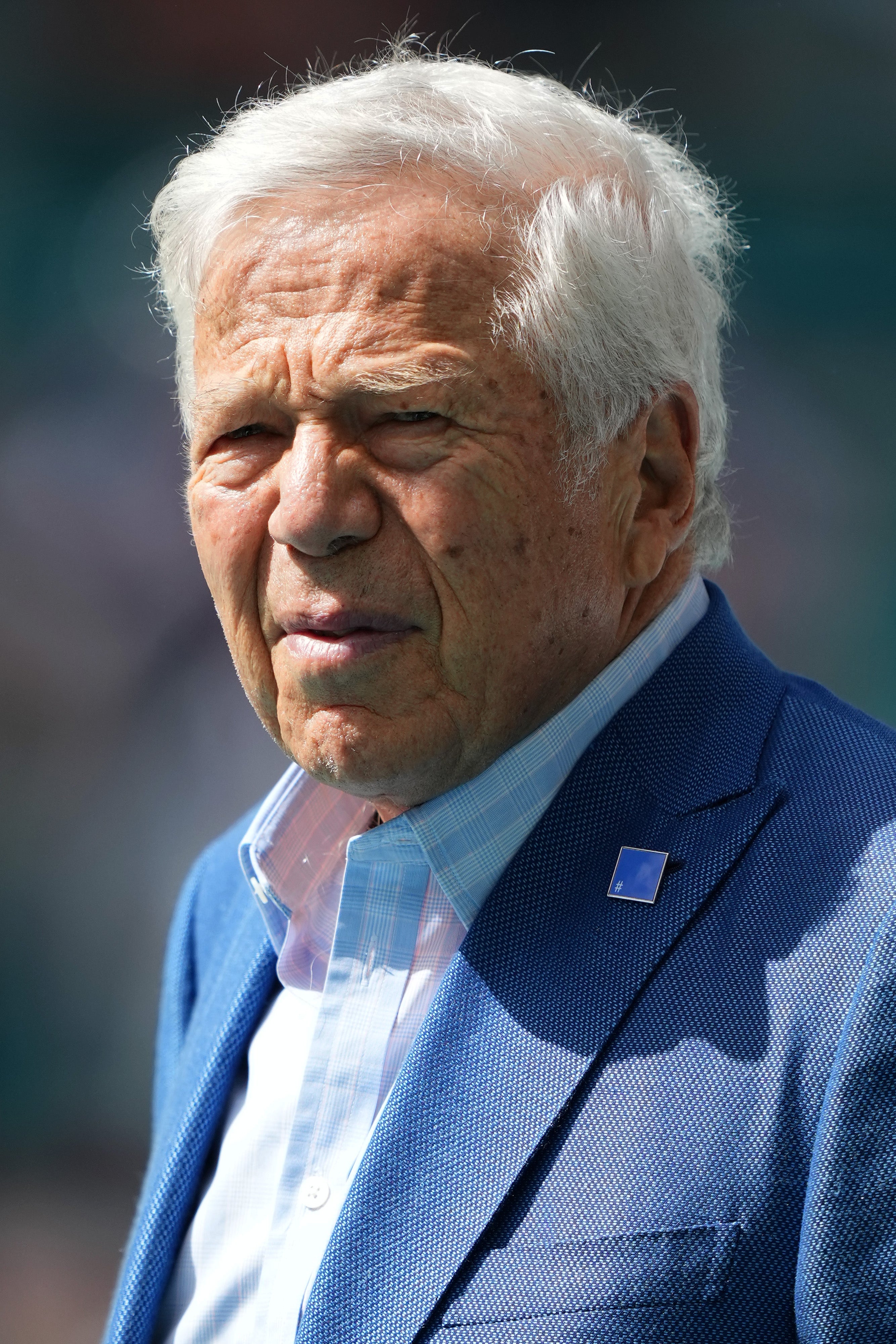 New England Patriots owner Robert Kraft stands on the field prior to the game against the Miami Dolphins at Hard Rock Stadium.