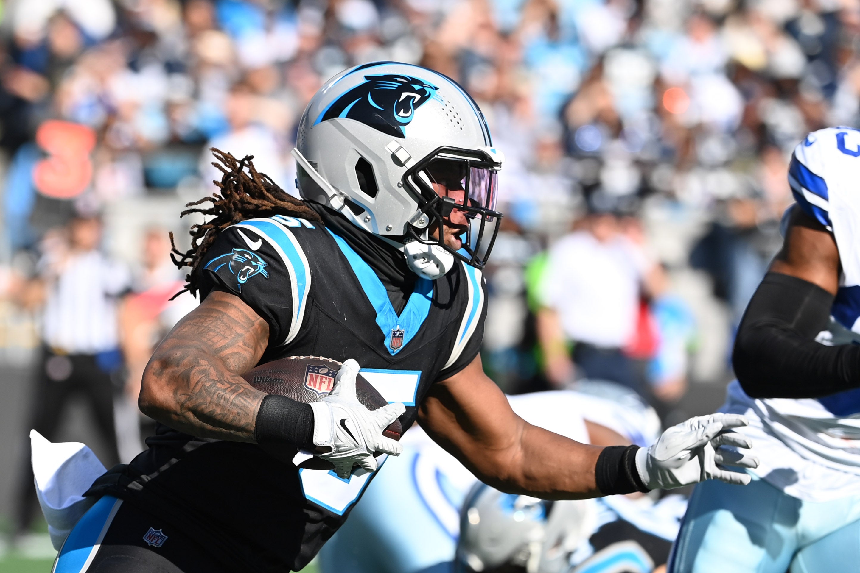 Nov 19, 2023; Charlotte, North Carolina, USA; Carolina Panthers wide receiver Laviska Shenault Jr. (5) with the ball in the second quarter at Bank of America Stadium. Mandatory Credit: Bob Donnan-USA TODAY Sports