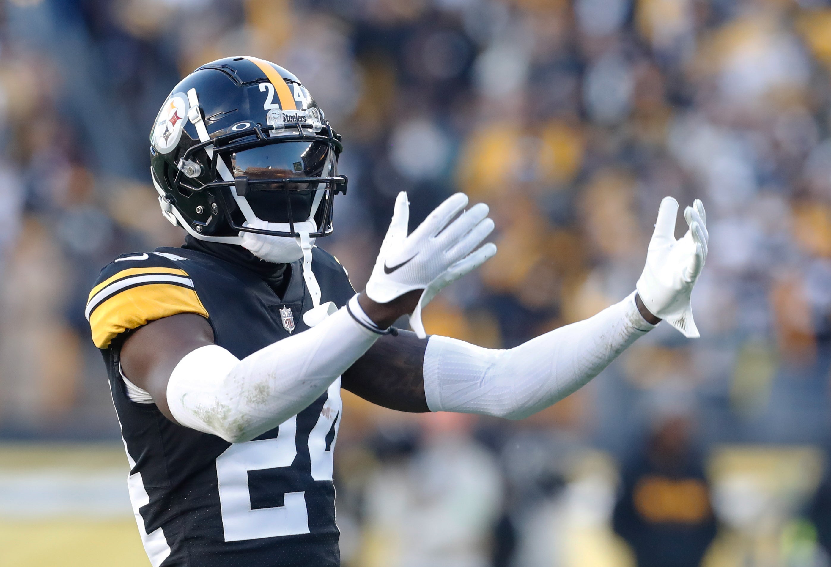 Pittsburgh Steelers cornerback Joey Porter Jr. (24) reacts to the crowd against the Green Bay Packers during the fourth quarter at Acrisure Stadium.