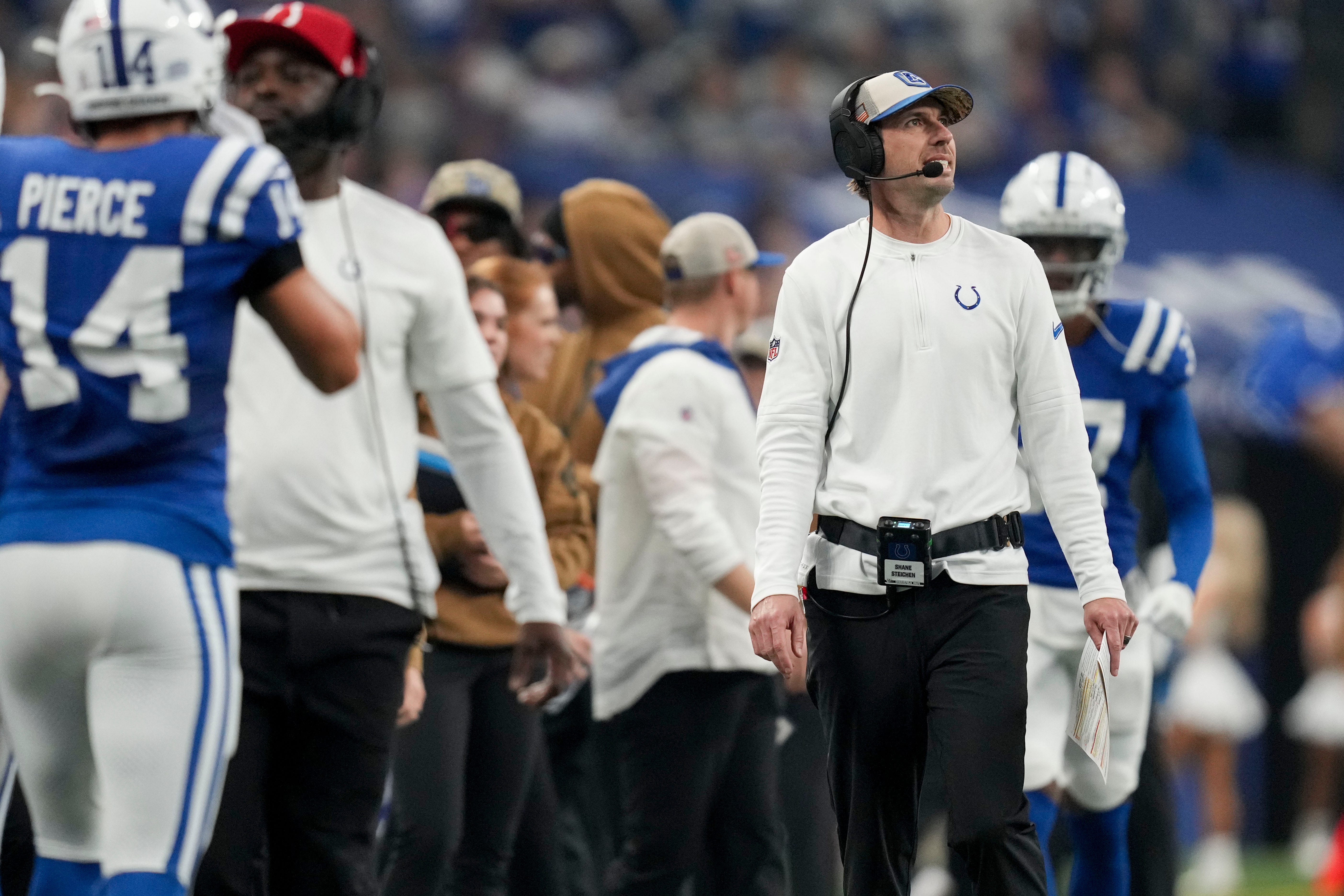 Indianapolis Colts head coach Shane Steichen walks the sideline Sunday, Nov. 26, 2023, during a game against the Tampa Bay Buccaneers at Lucas Oil Stadium in Indianapolis.