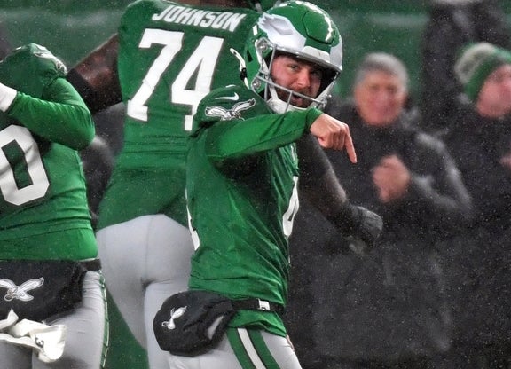 Philadelphia Eagles place kicker Jake Elliott reacts after game-tying field goal in regulation against the Buffalo Bills at Lincoln Financial Field.