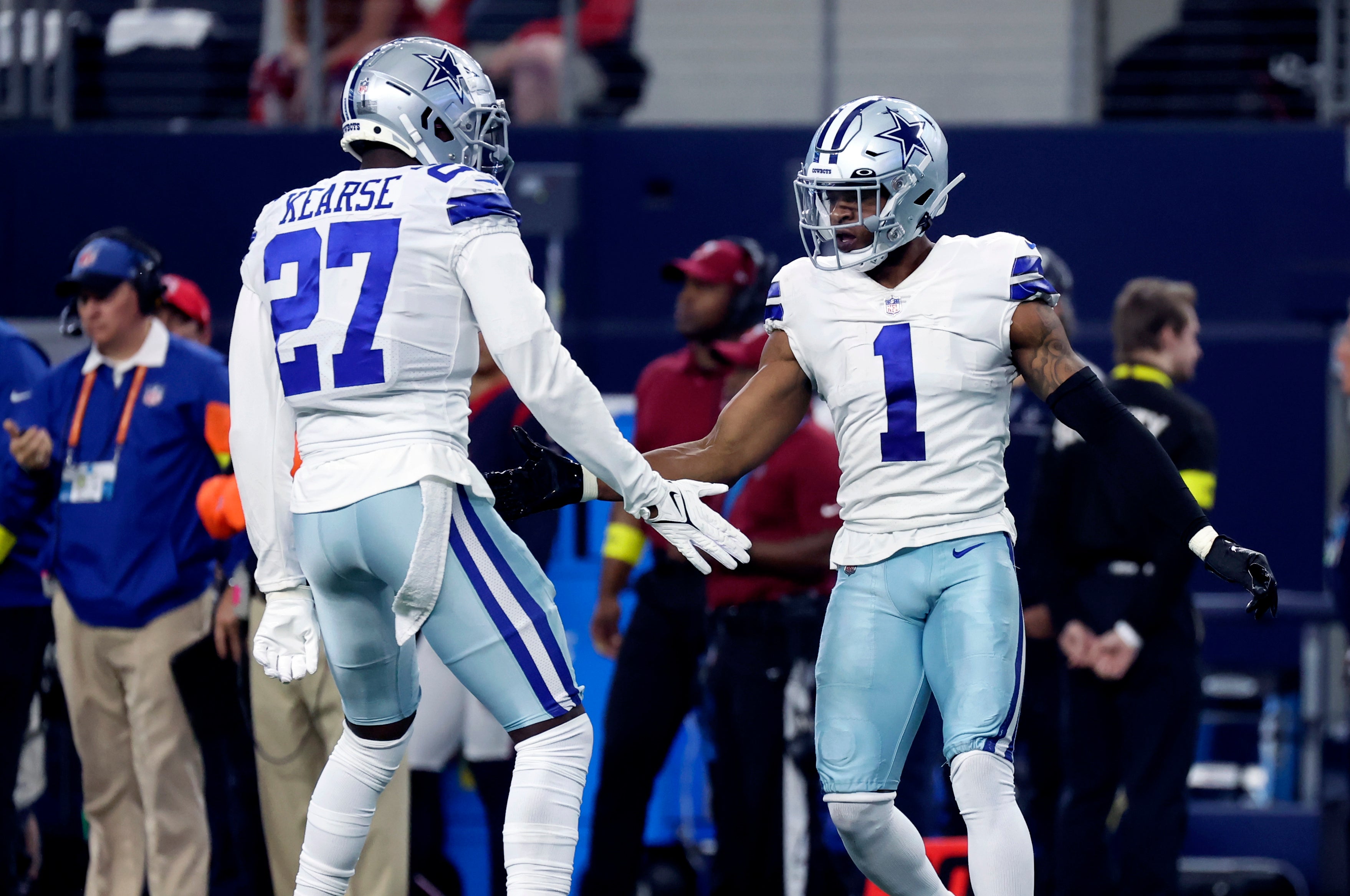 Dec 11, 2022; Arlington, Texas, USA; Dallas Cowboys safety Jayron Kearse (27) and Dallas Cowboys cornerback Kelvin Joseph (1) celebrate during the fourth quarter at AT&T Stadium.