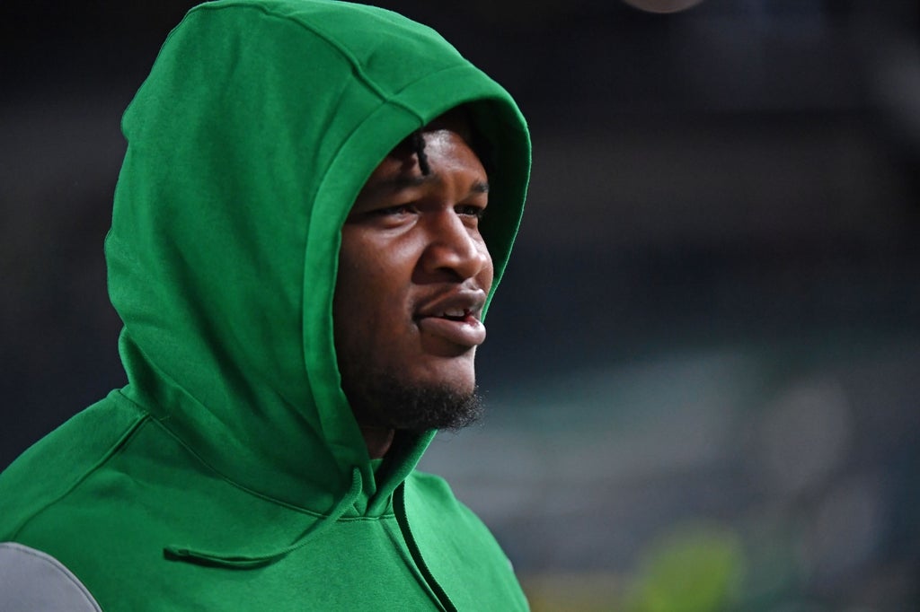 Philadelphia Eagles defensive tackle Jalen Carter during warmups against the Miami Dolphins at Lincoln Financial Field.
